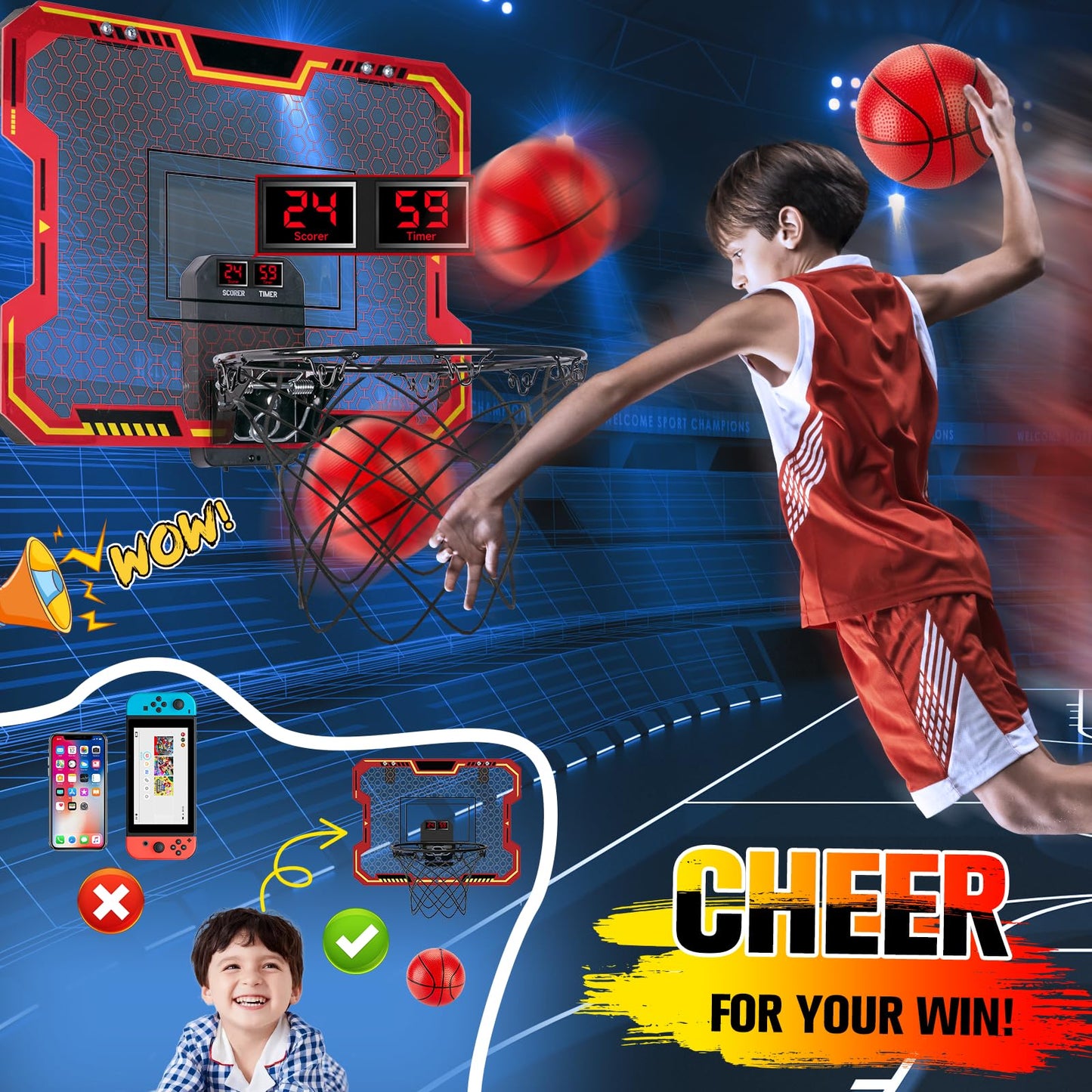 Vignuto Indoor Basketball Hoop for Kids – Over-the-Door, Scoring & Music
