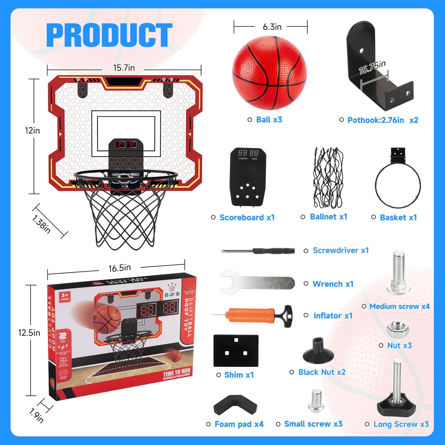 Vignuto Indoor Basketball Hoop for Kids – Over-the-Door, Scoring & Music