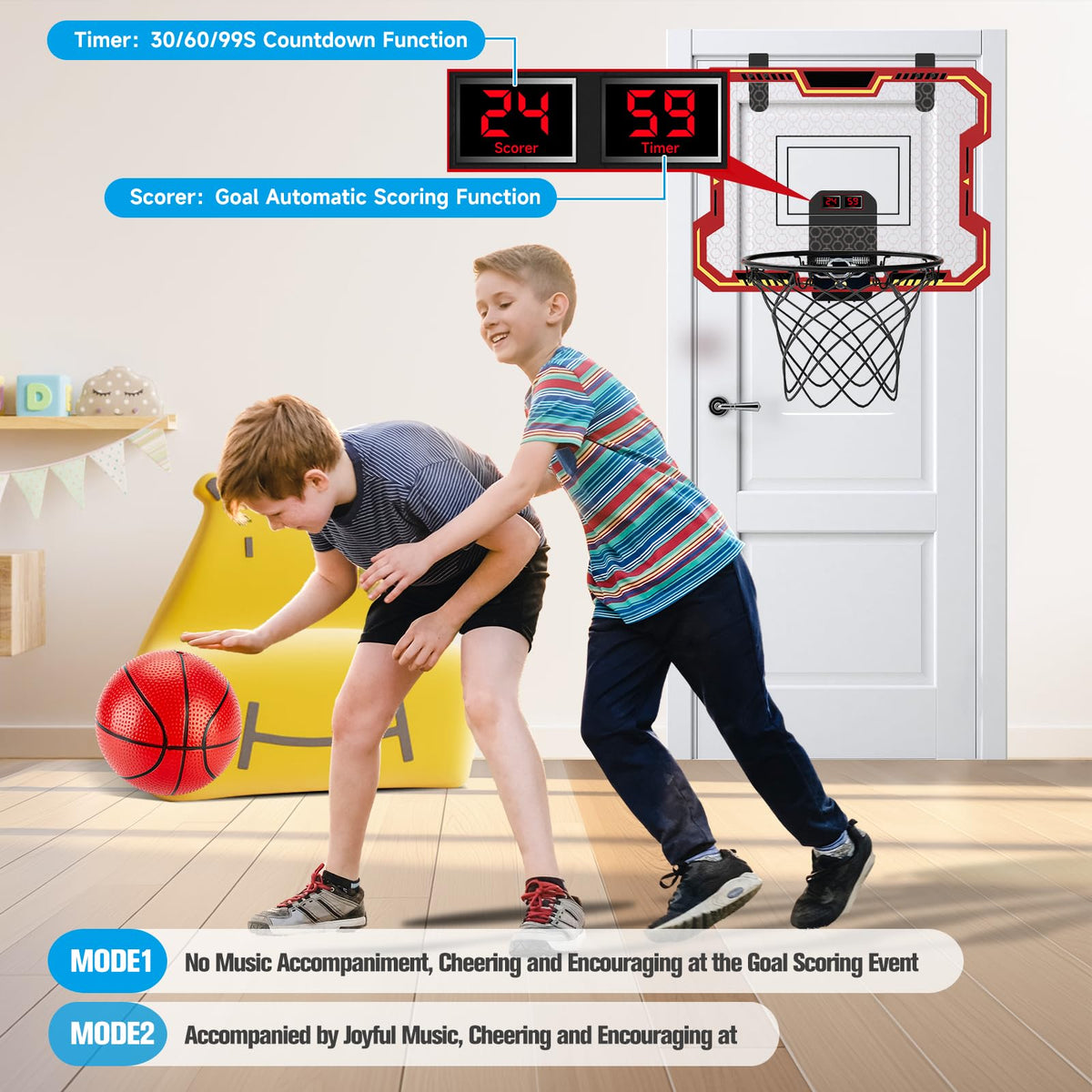 Vignuto Indoor Basketball Hoop for Kids – Over-the-Door, Scoring & Music