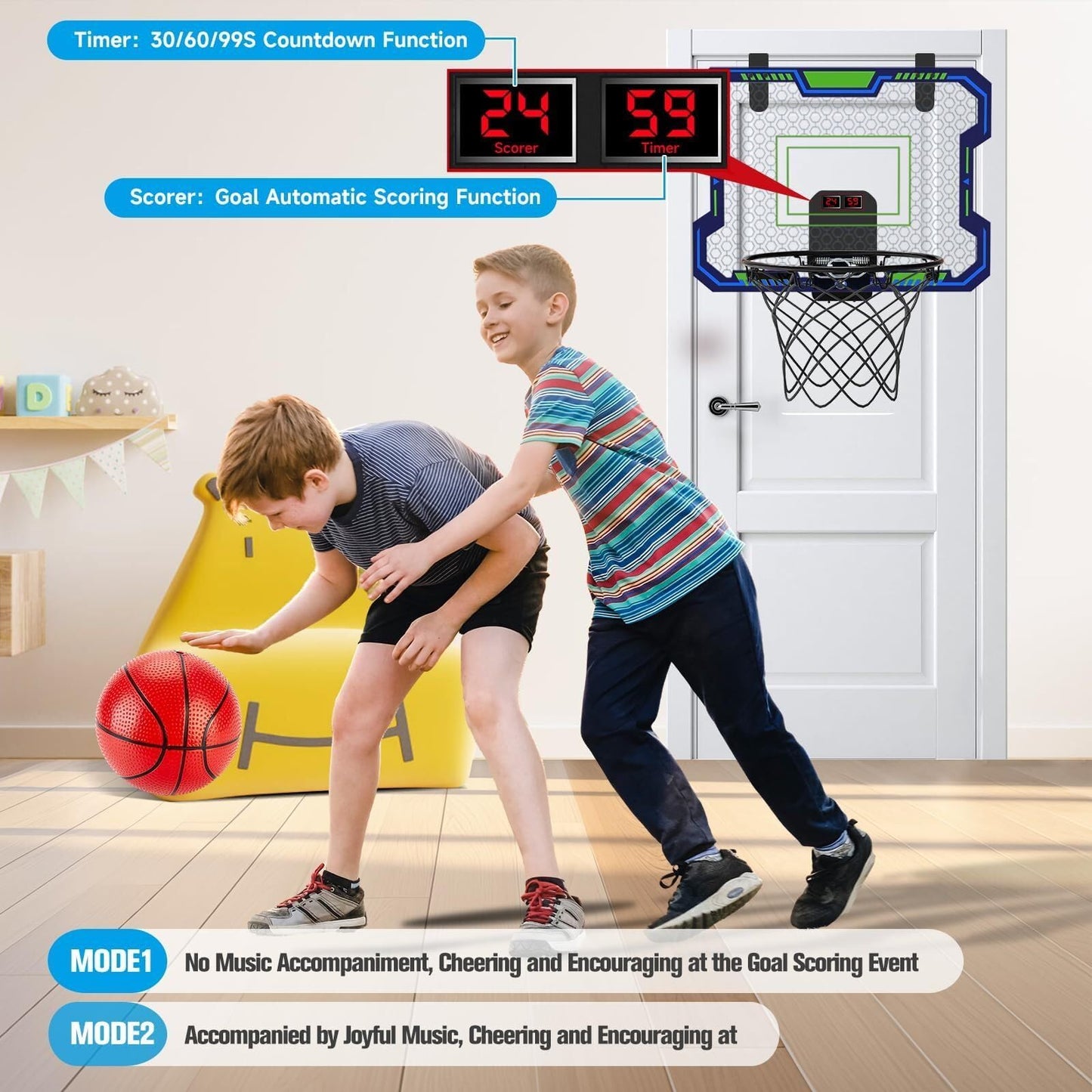 VIGNUTO Indoor Basketball Hoop for Kids (Over the Door) – Scoring, Countdown & Music