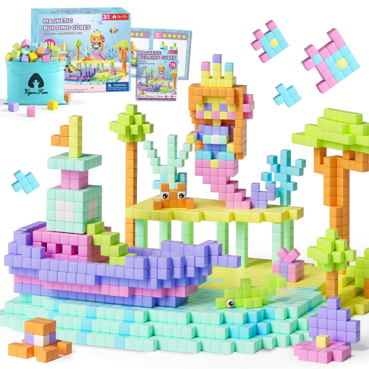 VigorFun 116 PCS Magnetic Blocks Set - 1-Inch Blocks, Macaron Colors, Storage Bag