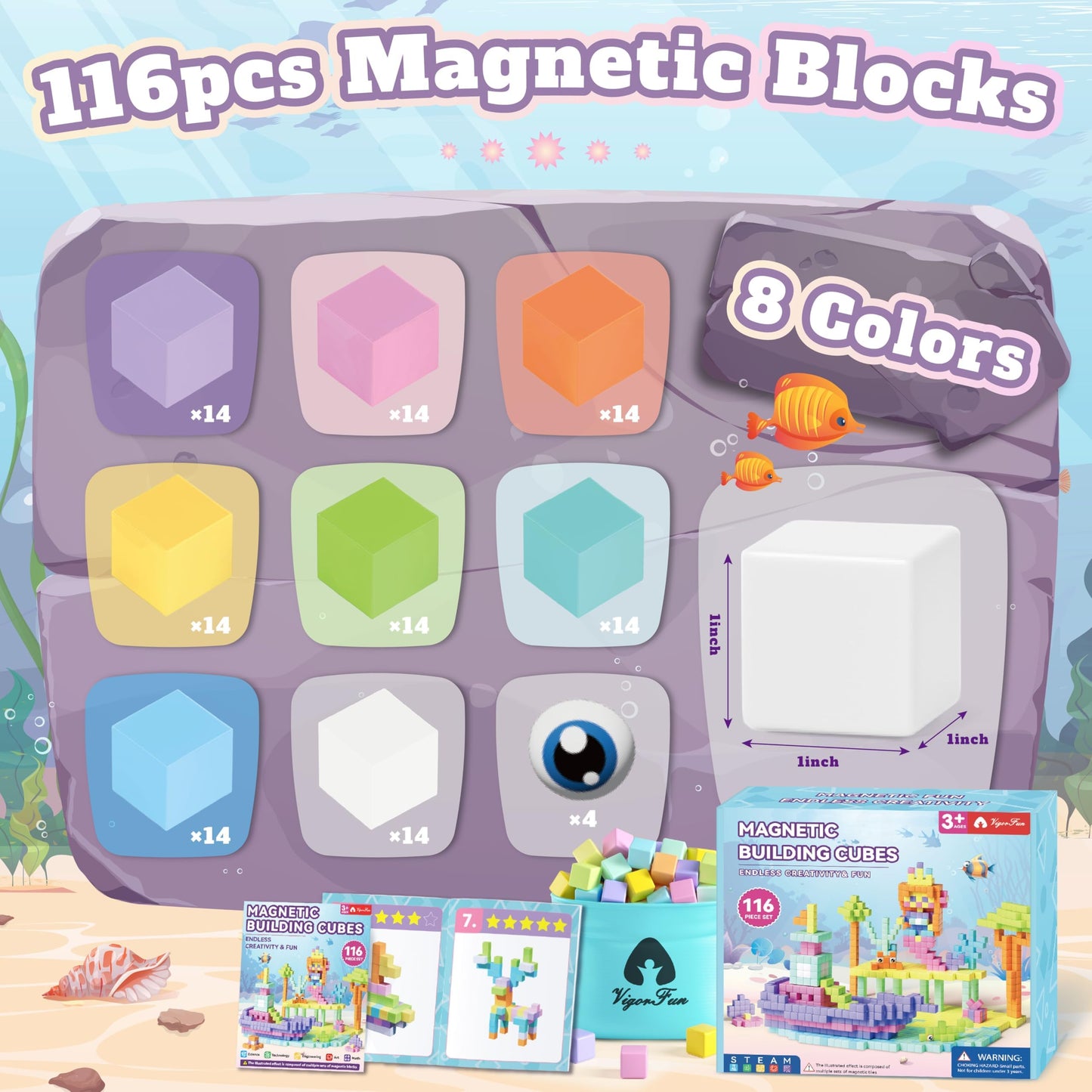 VigorFun 116 PCS Magnetic Blocks Set - 1-Inch Blocks, Macaron Colors, Storage Bag