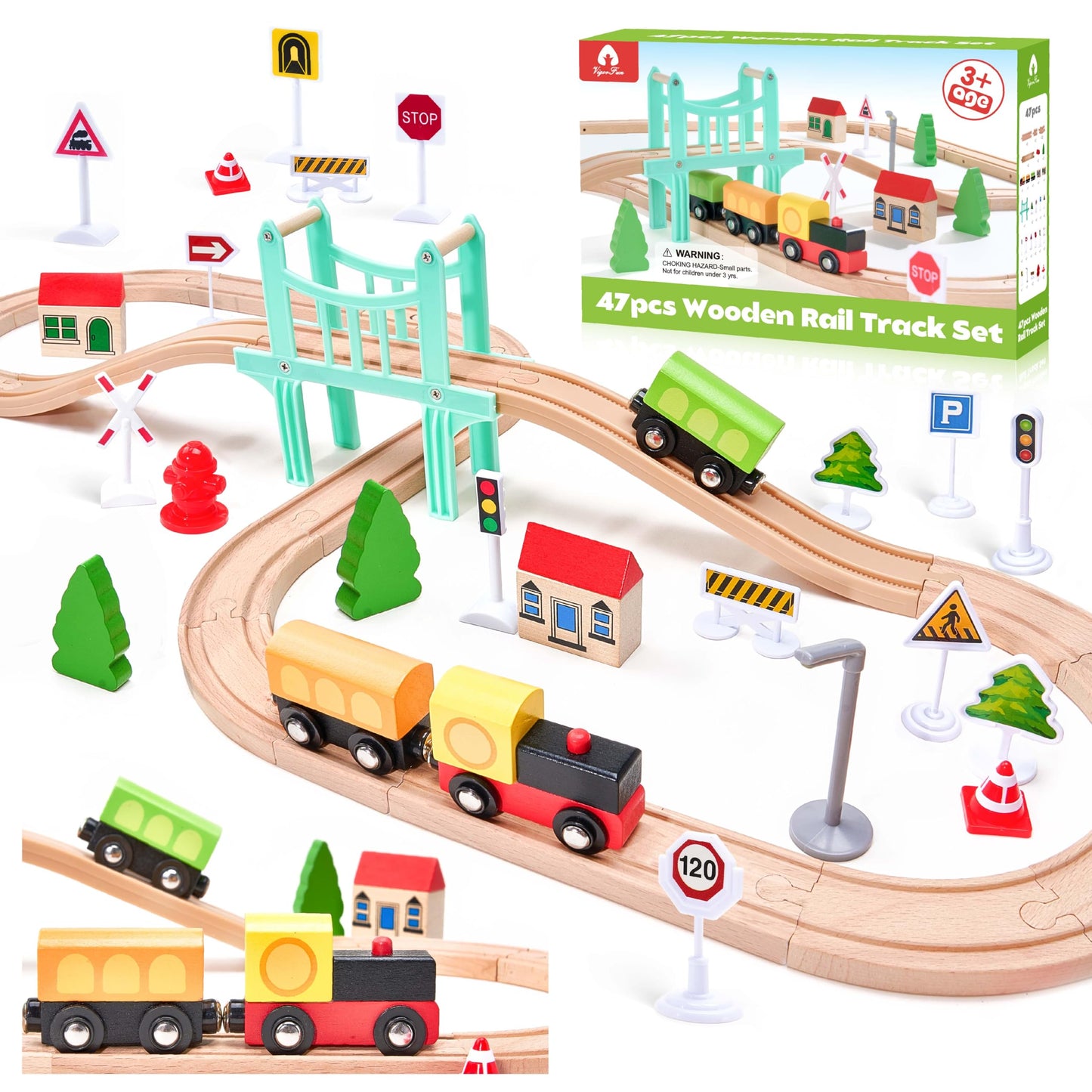 VigorFun 47-Piece Wooden Train Set for Toddlers – Expandable, Safe & Educational