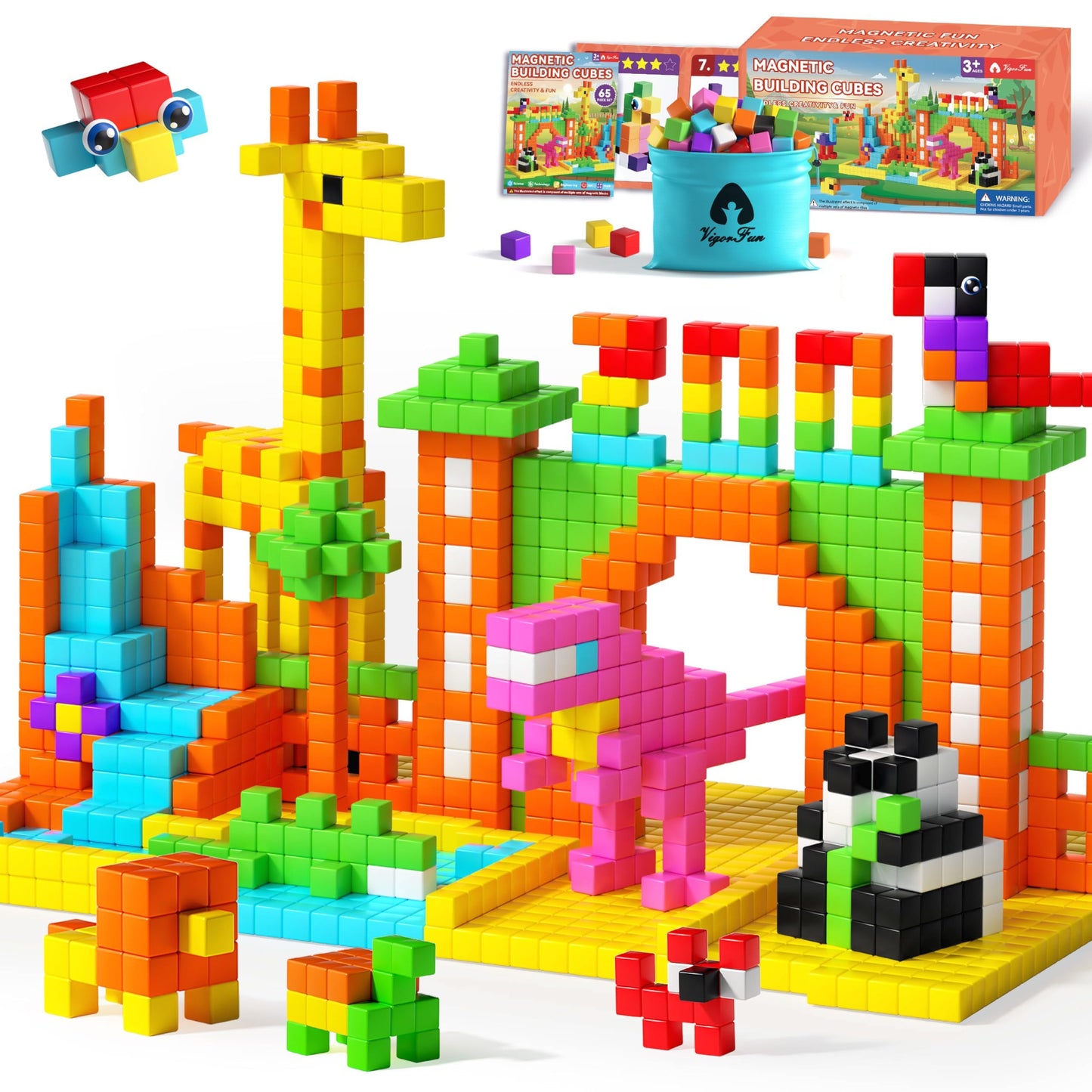 VigorFun 65-Pcs Magnetic Blocks Set – 1-Inch Blocks with Storage Bag, STEM Toys for Kids 3-8