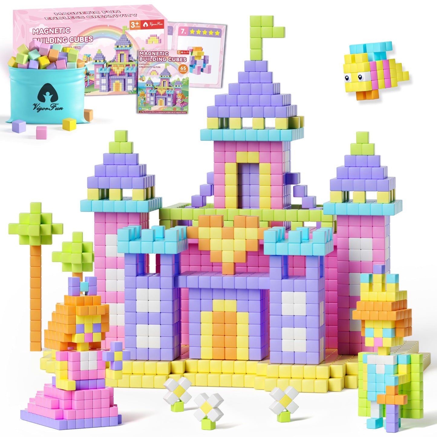 VigorFun 65 PCS Magnetic Blocks Set – 1-Inch Blocks, Macaron Colors, Storage Bag, STEM Play for Kids Aged 3-8