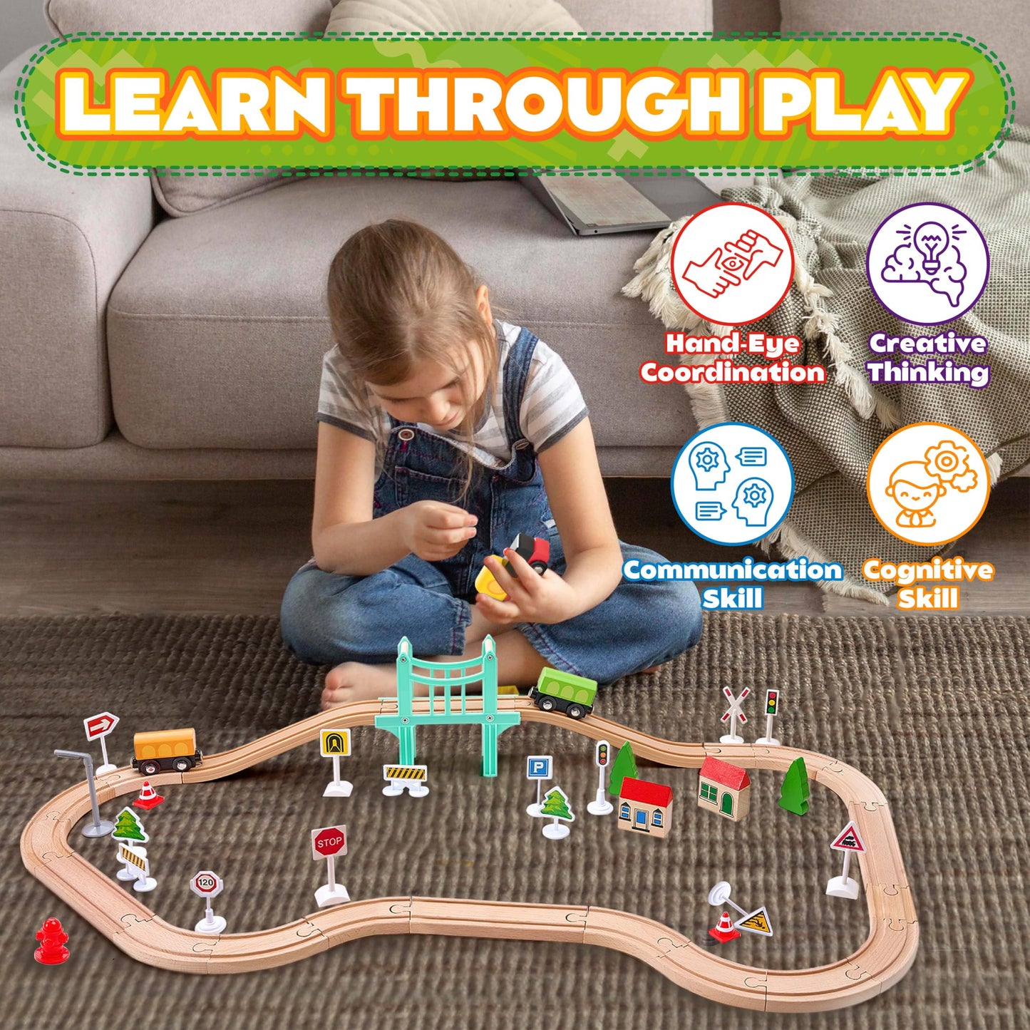 VigorFun 47-Piece Wooden Train Set for Toddlers – Expandable, Safe & Educational