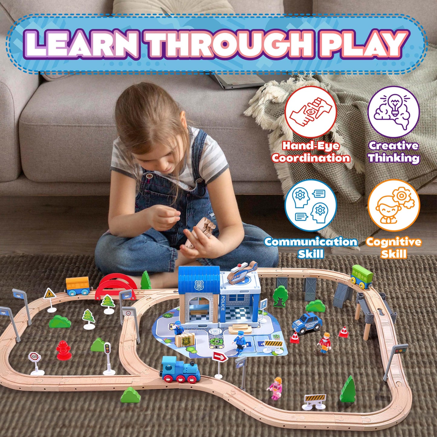 VigorFun 102Pcs Wooden Train Set for Toddlers — Expandable Tracks, Safe & Educational