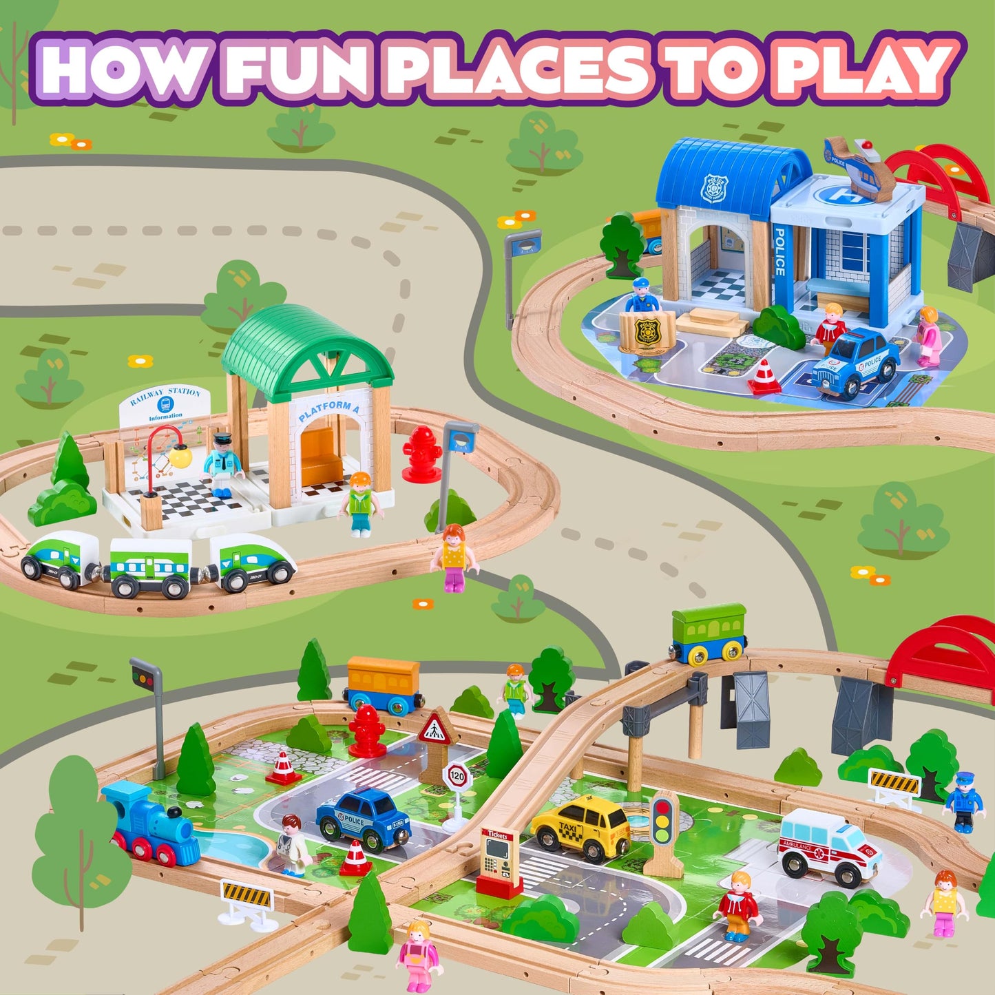 VigorFun 172Pcs Wooden Train Set – Expandable Tracks for Kids 3-8