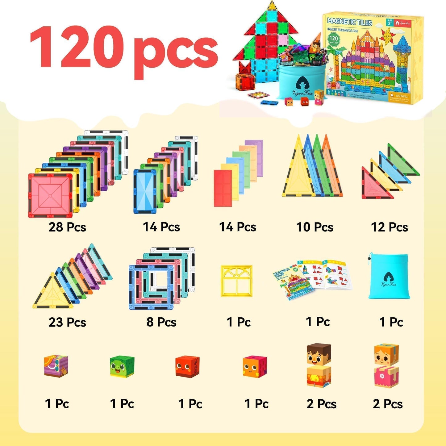 VigorFun Magnetic Tiles Building Toys – 120-Piece Deluxe STEM Kit for Kids Ages 3-8
