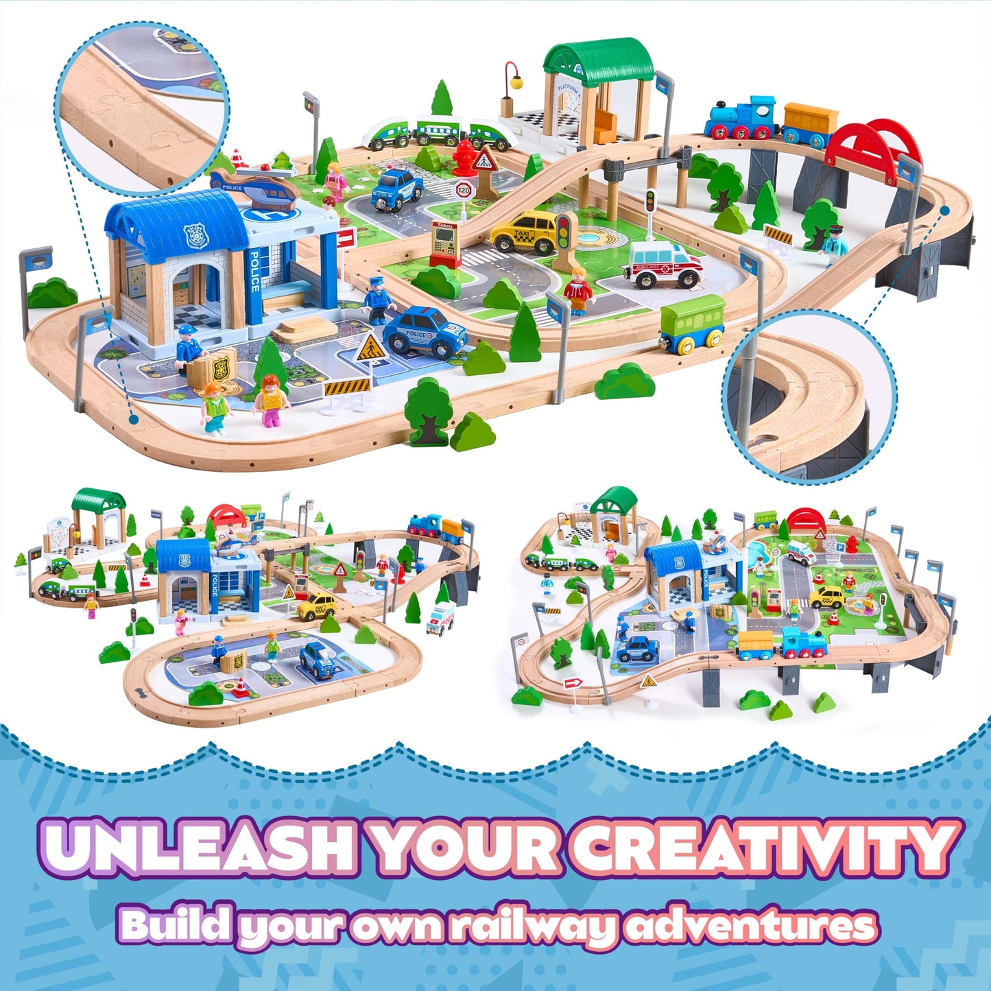 VigorFun 172Pcs Wooden Train Set – Expandable Tracks for Kids 3-8
