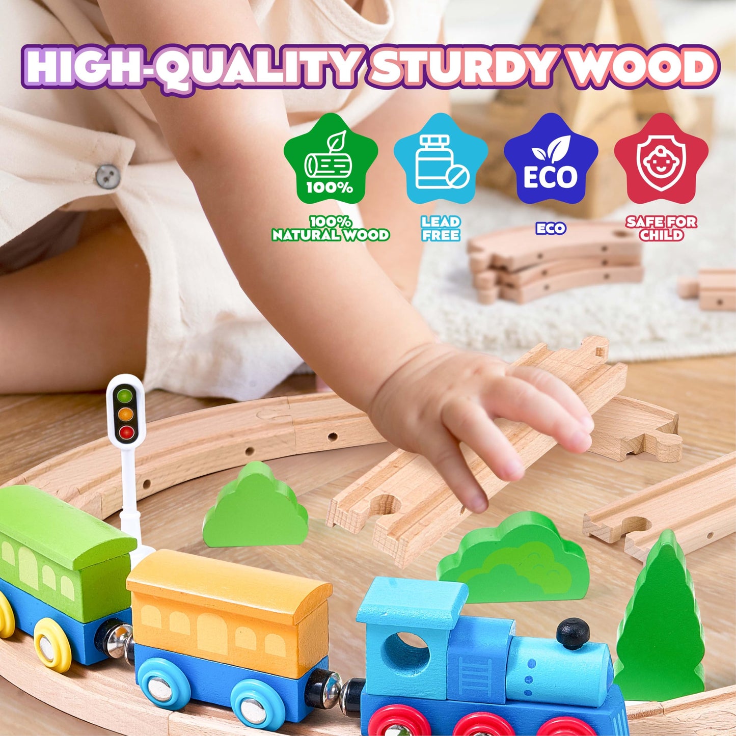 VigorFun 172Pcs Wooden Train Set – Expandable Tracks for Kids 3-8