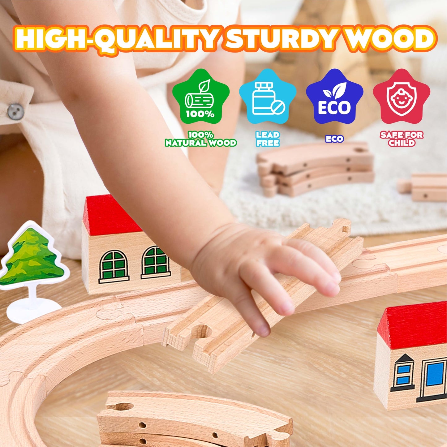 VigorFun 47-Piece Wooden Train Set for Toddlers – Expandable, Safe & Educational