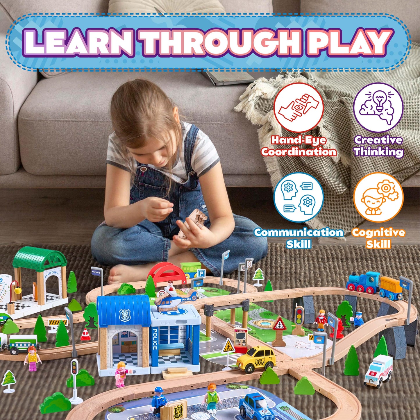 VigorFun 172Pcs Wooden Train Set – Expandable Tracks for Kids 3-8