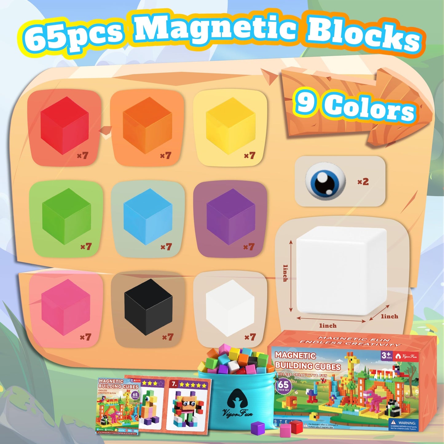 VigorFun 65-Pcs Magnetic Blocks Set – 1-Inch Blocks with Storage Bag, STEM Toys for Kids 3-8