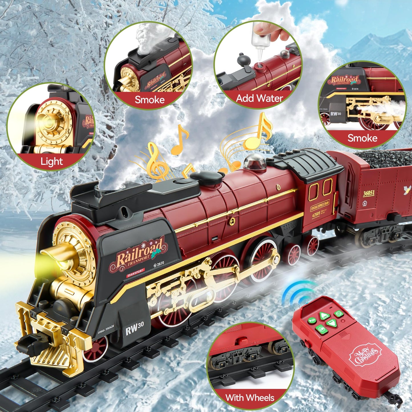 VigorFun Train Set with Gift Case – Smoke, Light & Sound for Christmas Tree Play