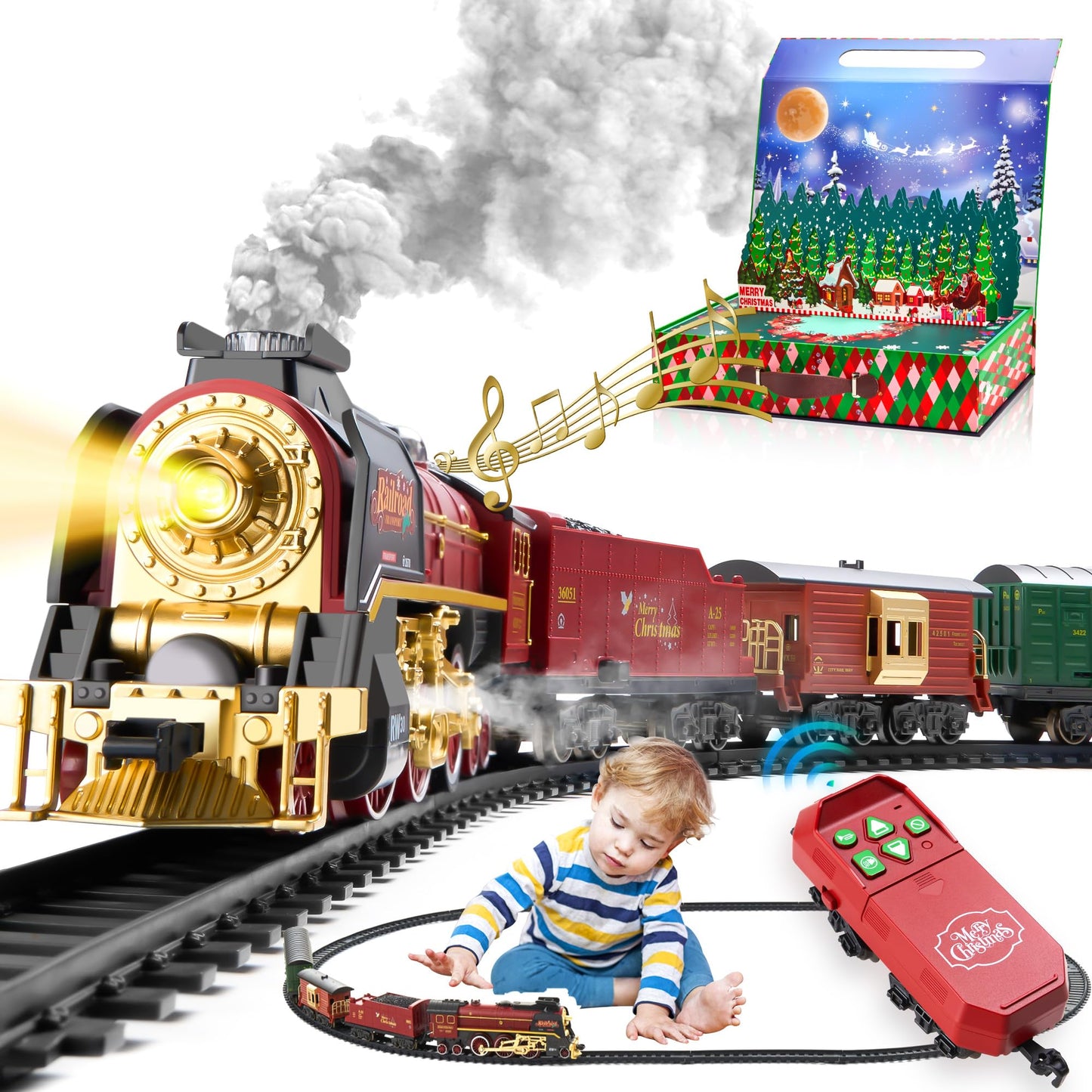 VigorFun Train Set with Gift Case – Smoke, Light & Sound for Christmas Tree Play