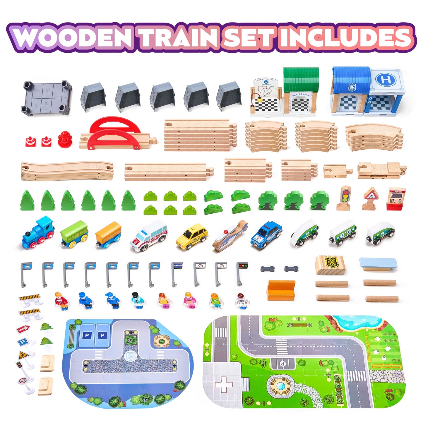 VigorFun 172Pcs Wooden Train Set – Expandable Tracks for Kids 3-8