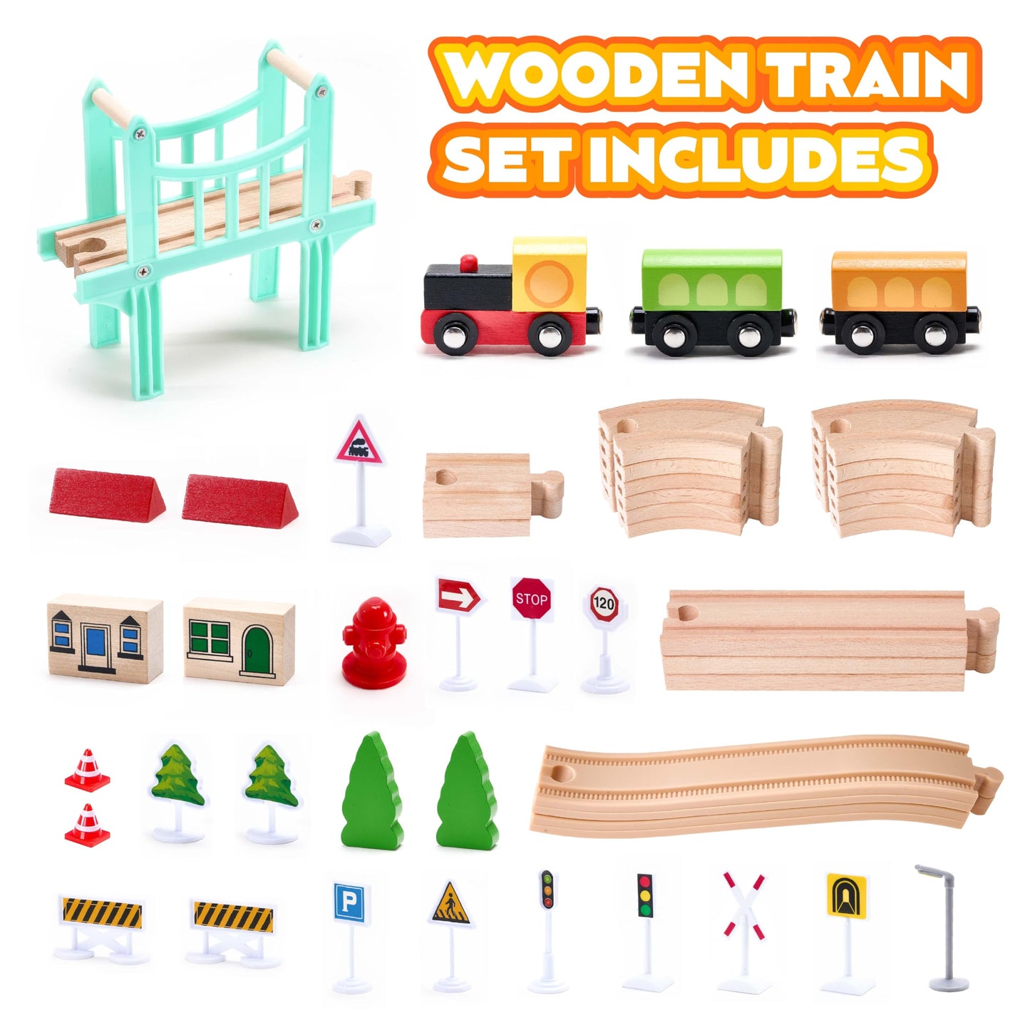 VigorFun 47-Piece Wooden Train Set for Toddlers – Expandable, Safe & Educational
