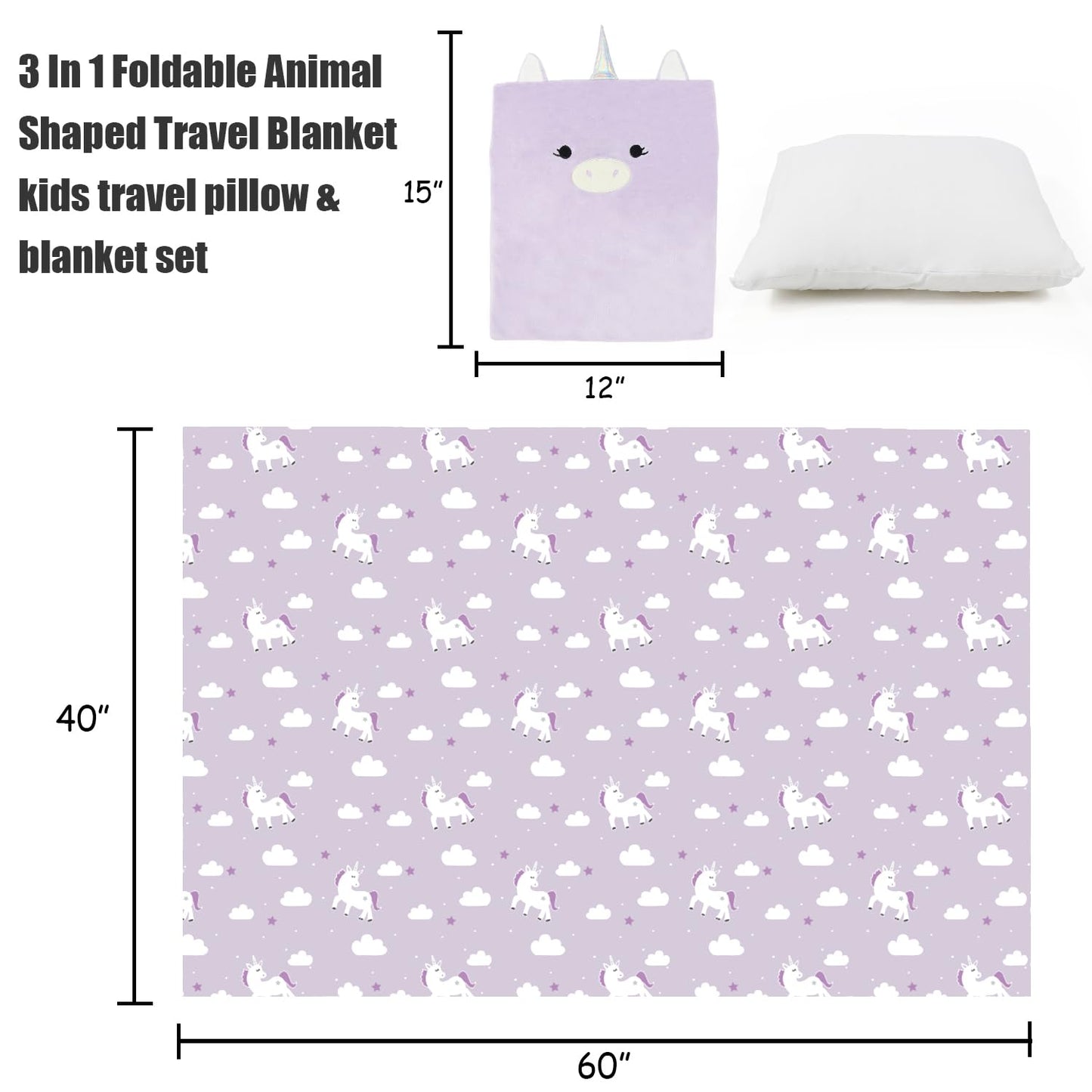 VigorSpring 3-in-1 Kids Travel Pillow & Blanket Set | Unicorn 60x40 Blanket & 15x12 Pillow
