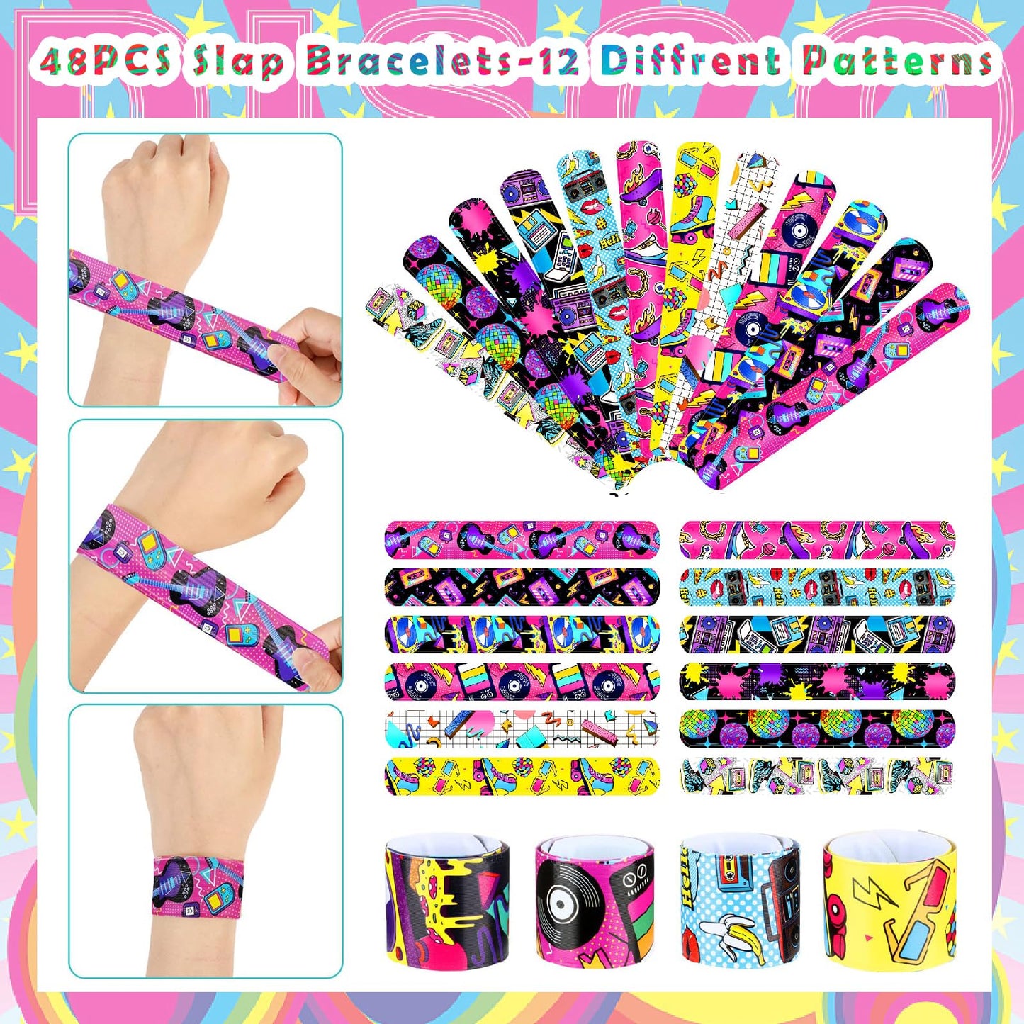 Viicoor Retro 48PCS Slap Bracelets – Colorful Snap Wristbands for Parties, Prizes & Gifts