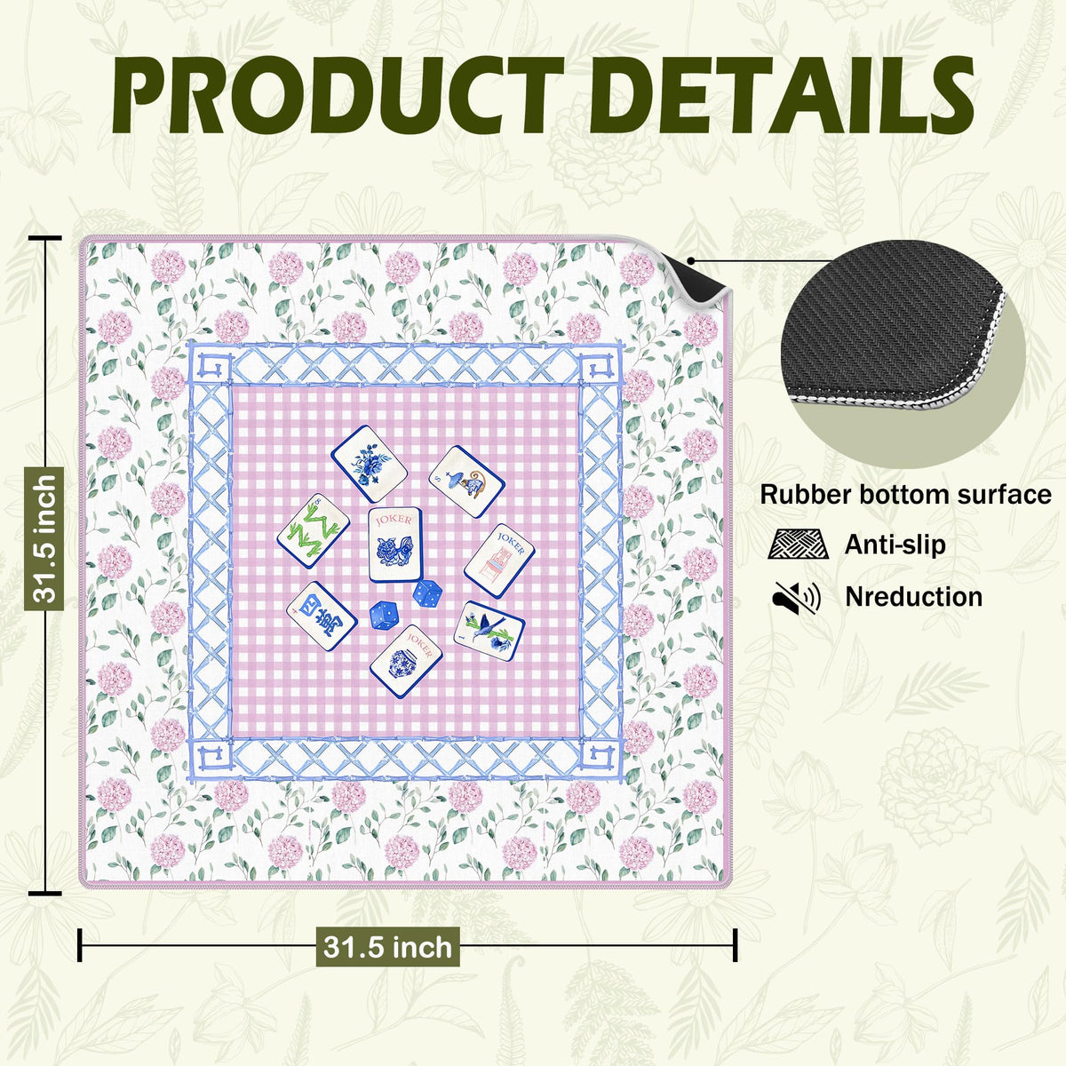 VIIJJUE Pink Hydrangea Chinoiserie Mahjong Mat 31.5 x 31.5 in — Non-Slip, Noise-Reducing Table Cover