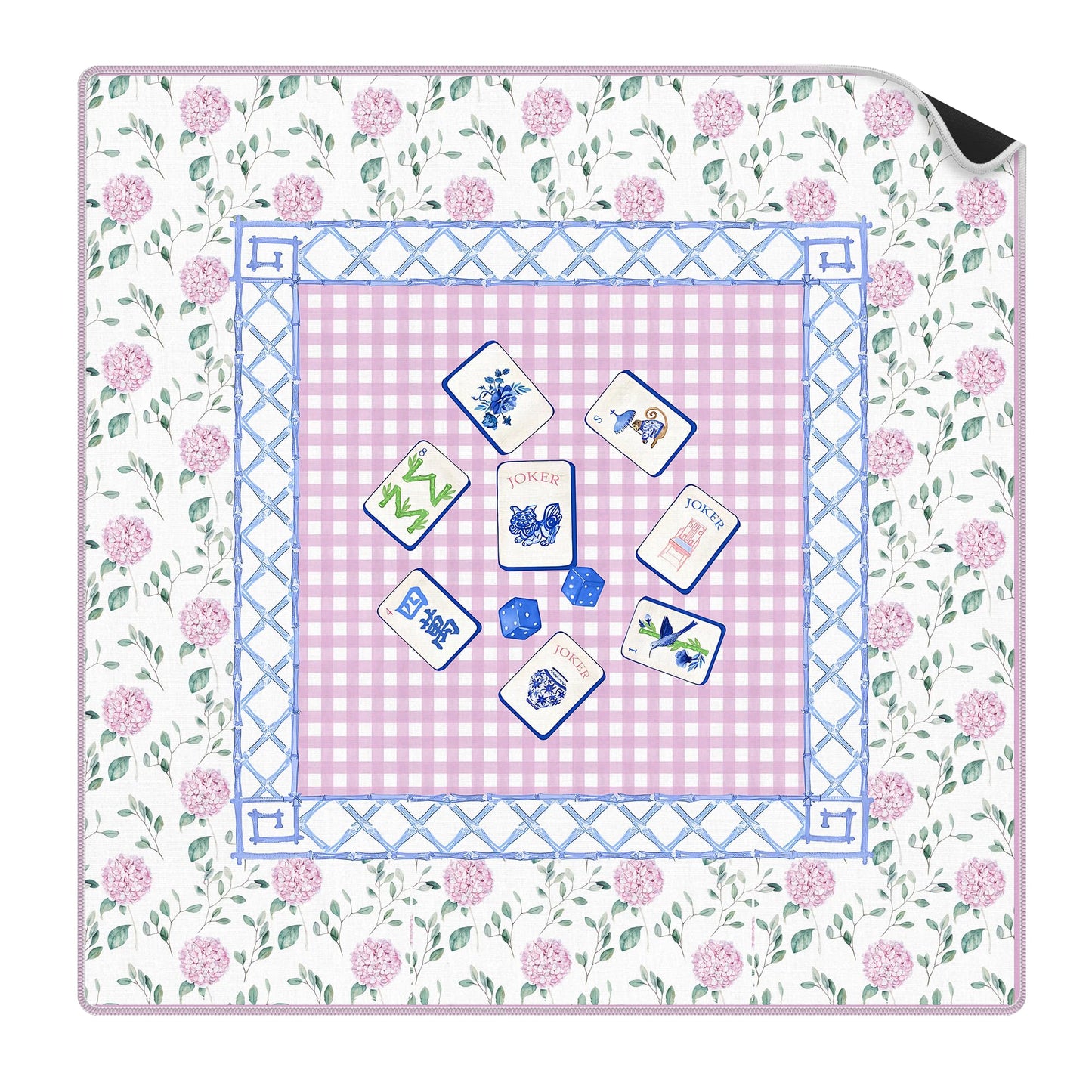VIIJJUE Pink Hydrangea Chinoiserie Mahjong Mat 31.5 x 31.5 in — Non-Slip, Noise-Reducing Table Cover