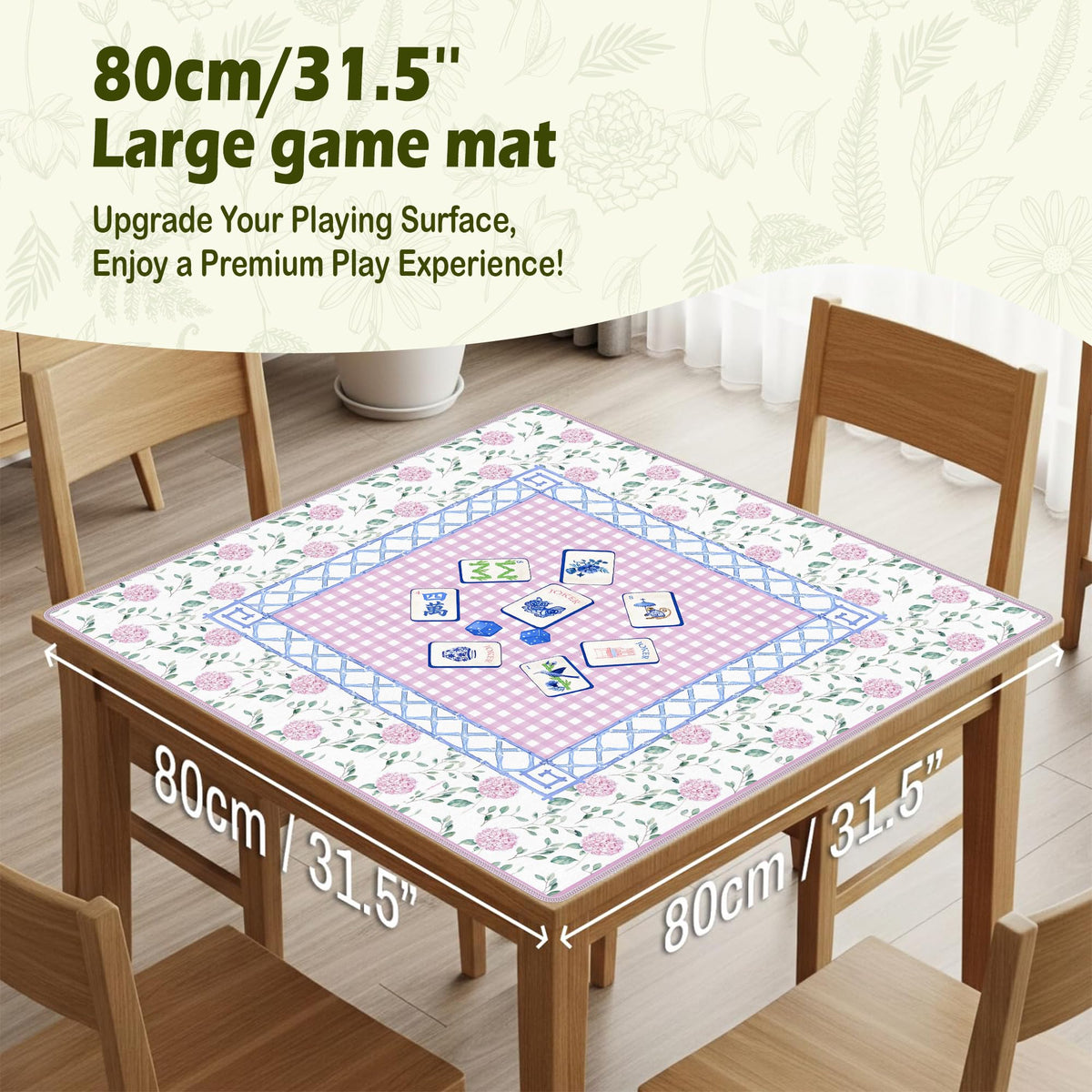 VIIJJUE Pink Hydrangea Chinoiserie Mahjong Mat 31.5 x 31.5 in — Non-Slip, Noise-Reducing Table Cover