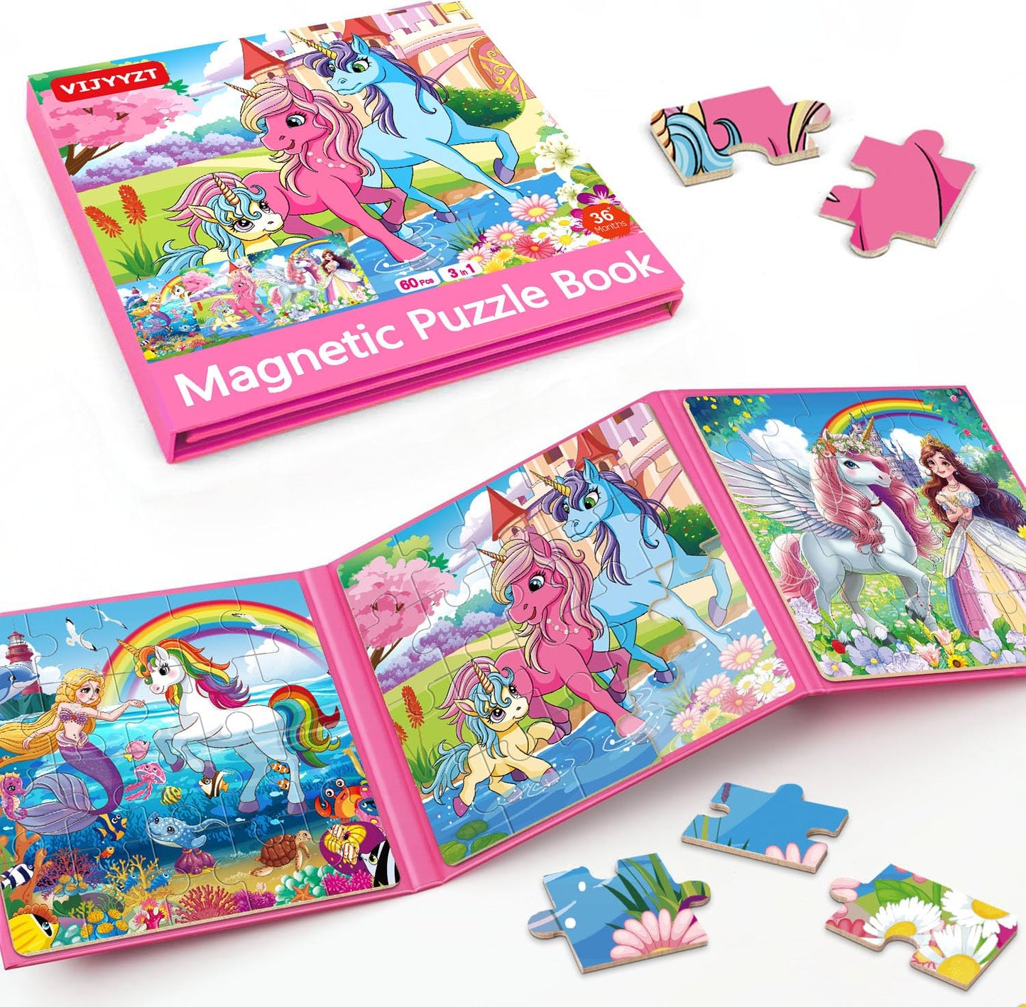 VIJYYZT Unicorn Mermaid Princess Magnetic Puzzles – 20-Piece Travel Puzzles for Toddlers 3-5 (Ages 4-6)
