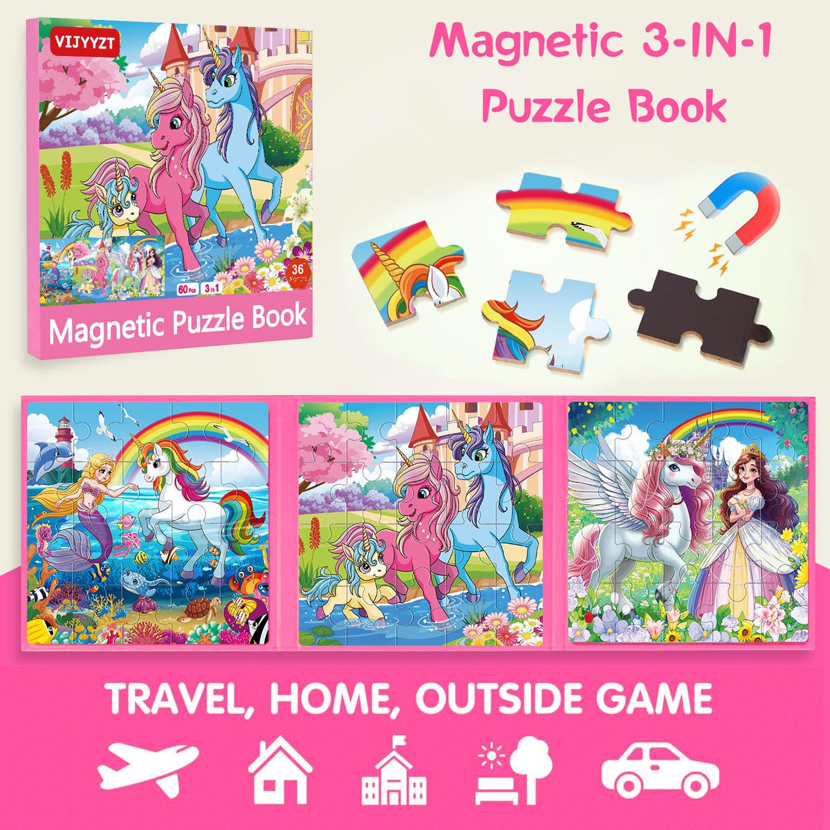 VIJYYZT Unicorn Mermaid Princess Magnetic Puzzles – 20-Piece Travel Puzzles for Toddlers 3-5 (Ages 4-6)