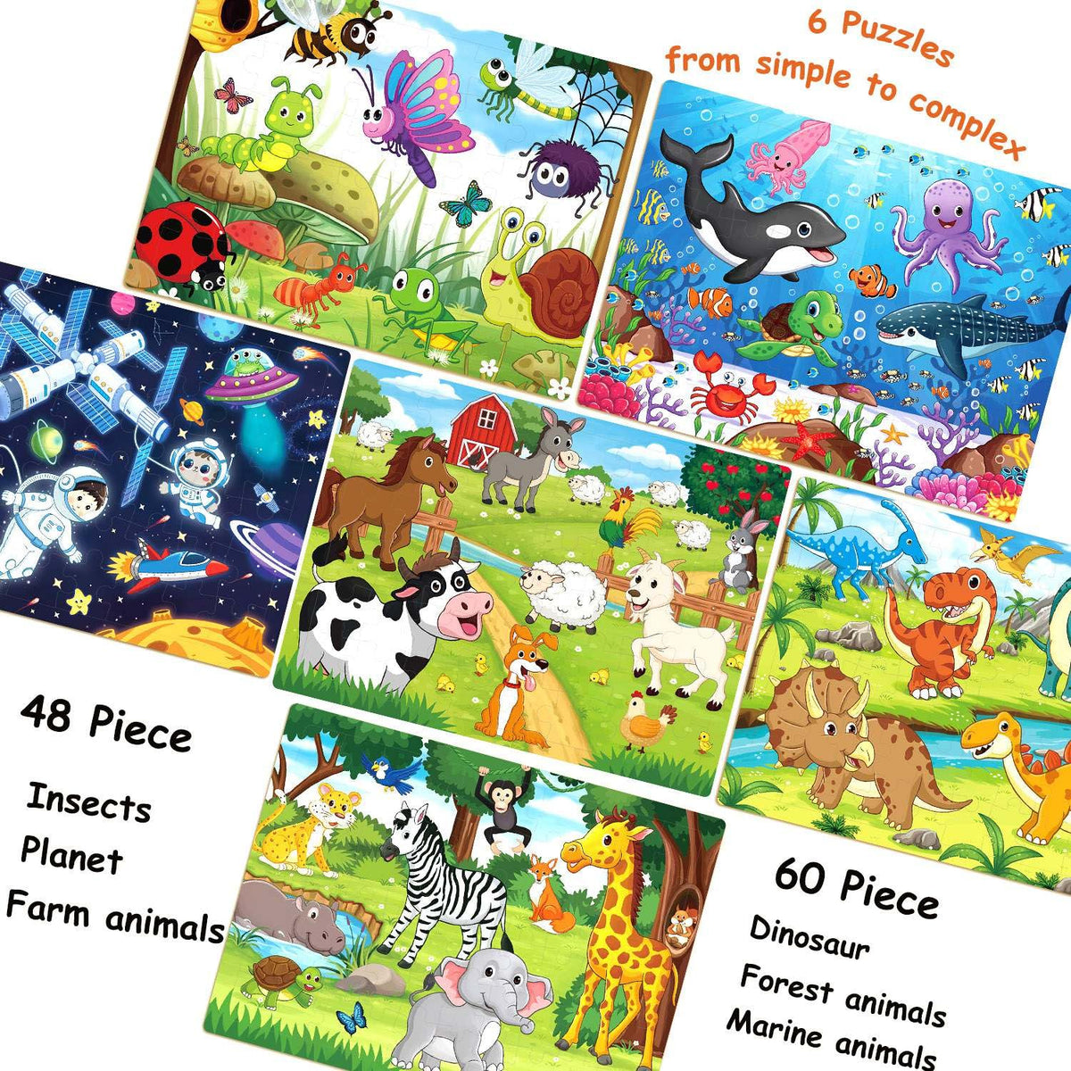 VIJYYZT 6-Pack Wooden Jigsaw Puzzles for Kids Aged 4-8 — 48–60 Pieces Each