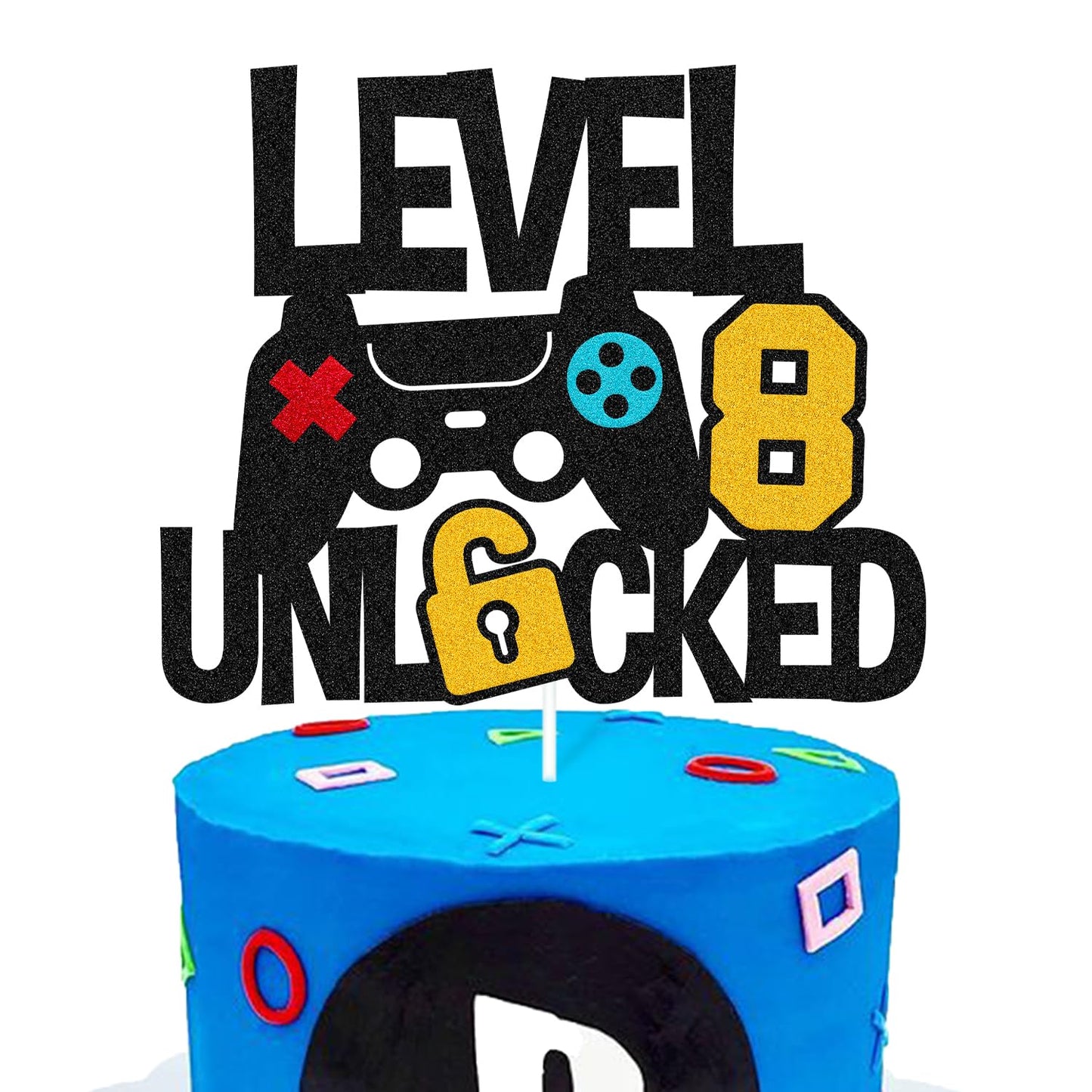 Vikiwiin Level 8th Unlocked Cake Topper – Game Controller Theme for 8th Birthday