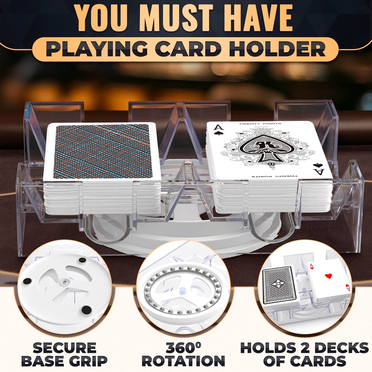 VIKROM Playing Cards Holder Rotating 360° – Compact 2-Deck Tray for Poker, Canasta & More | Valentine’s Gift