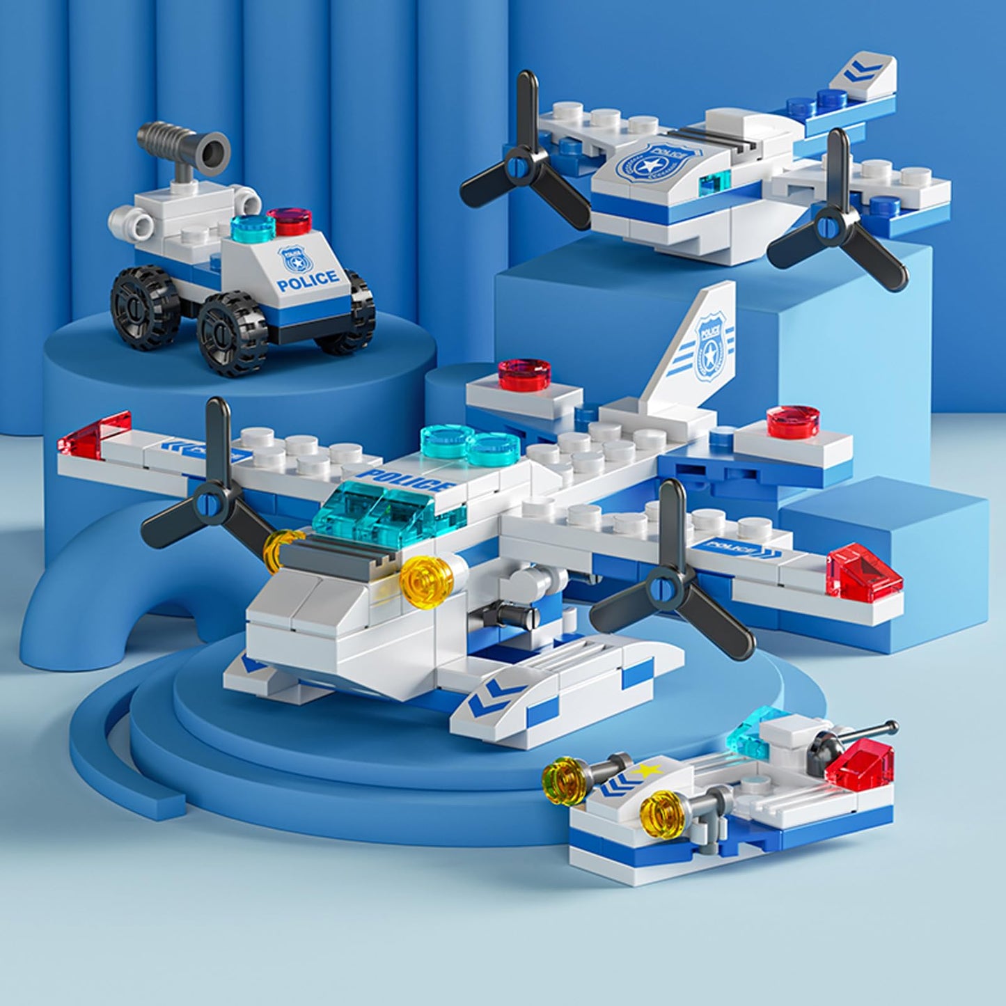 Vilbocr Sky Police Airplane Building Blocks – 137 PCS STEM 7-in-1 Kit (Police/Rescue/Fighter Jet)