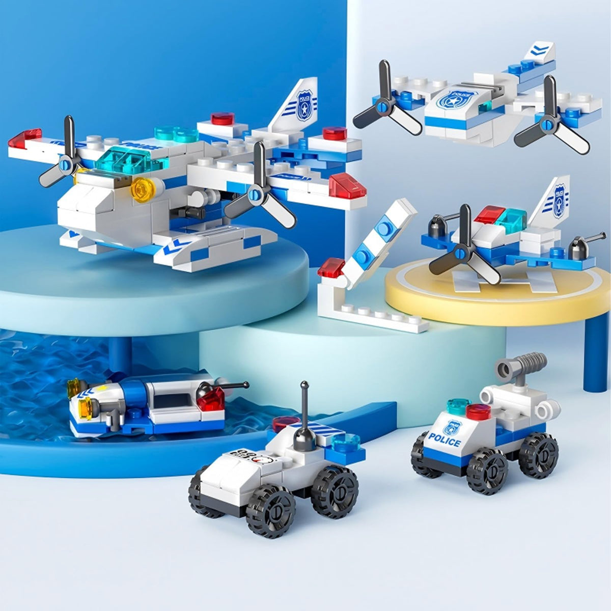 Vilbocr Sky Police Airplane Building Blocks – 137 PCS STEM 7-in-1 Kit (Police/Rescue/Fighter Jet)