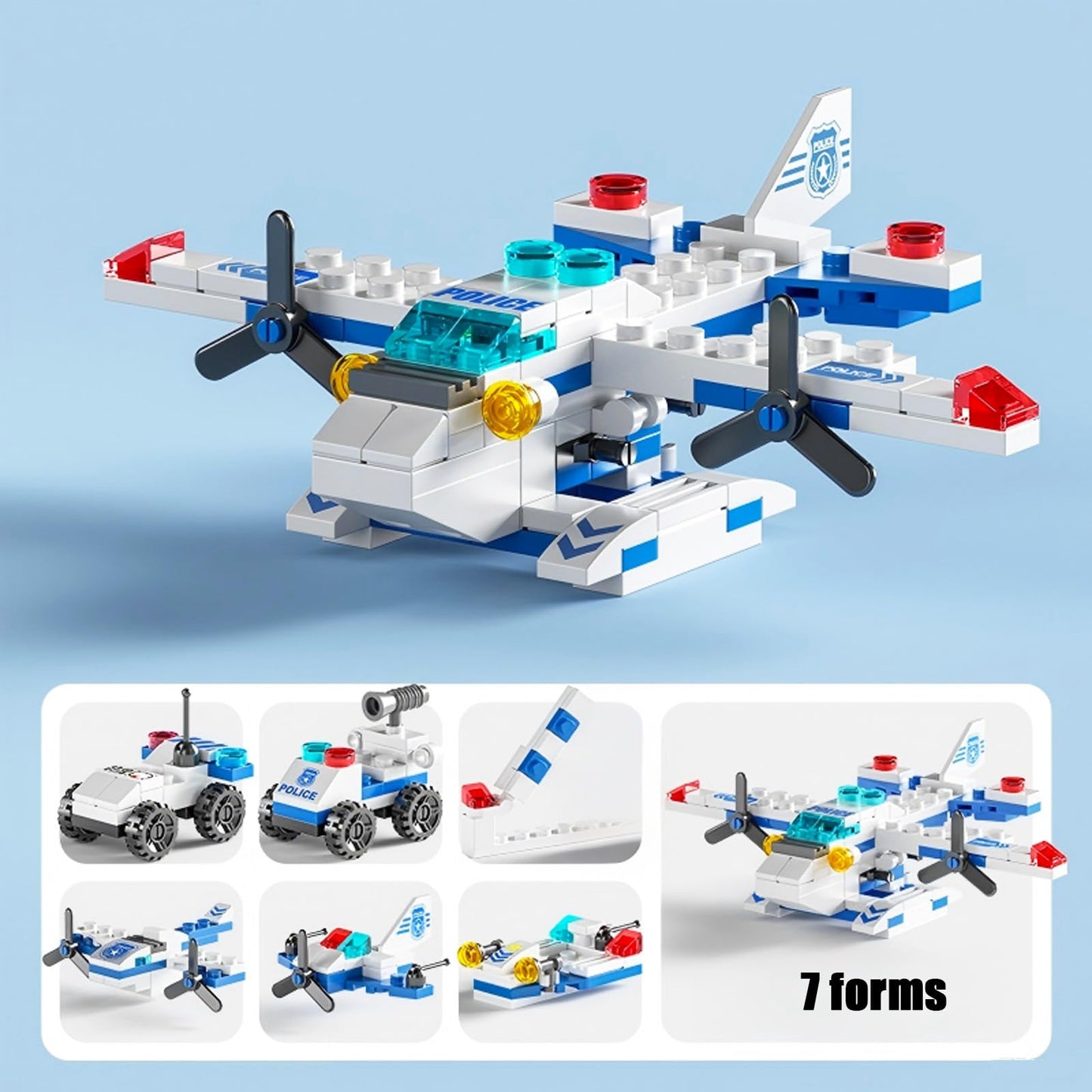 Vilbocr Sky Police Airplane Building Blocks – 137 PCS STEM 7-in-1 Kit (Police/Rescue/Fighter Jet)