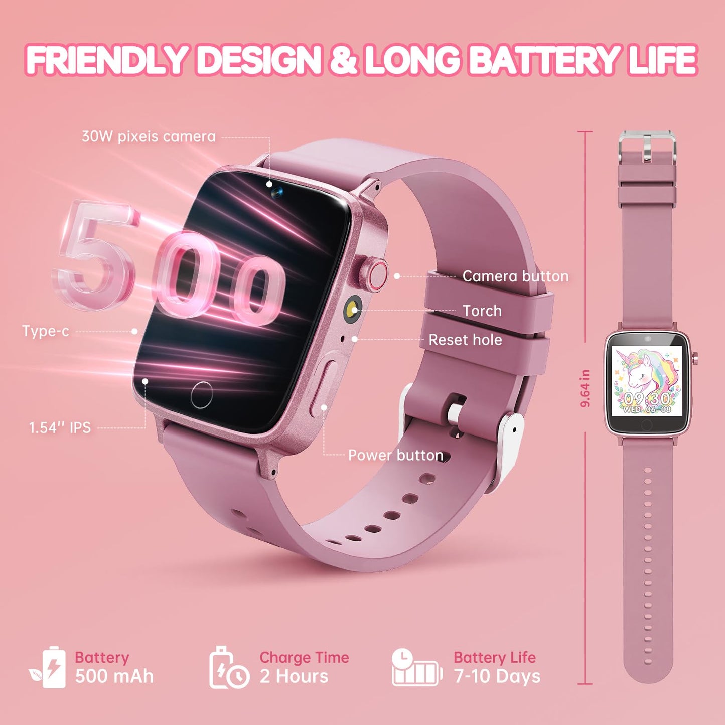 Vilicert Kids Games Watch Pink – 26 Puzzle Games, Touch Screen, 300k Camera, Ages 4-12