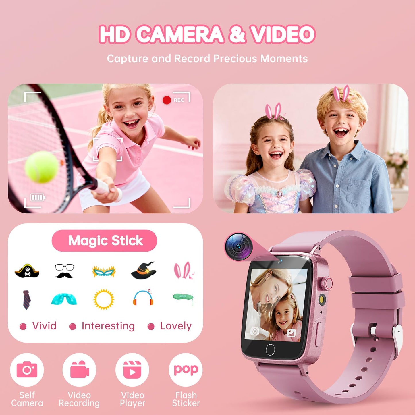 Vilicert Kids Games Watch Pink – 26 Puzzle Games, Touch Screen, 300k Camera, Ages 4-12