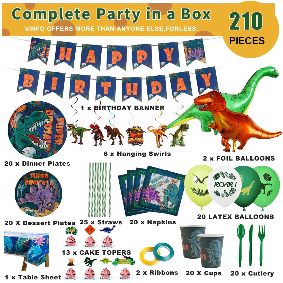 Vinfo Dinosaur Birthday Party Supplies Kit for Boys – All-in-One Dino Decor for 20 Guests