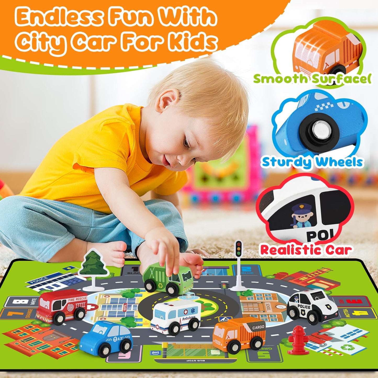Vinkp Toddler Car Toys – 22pc Wooden Vehicles Set with Playmat & Storage Box