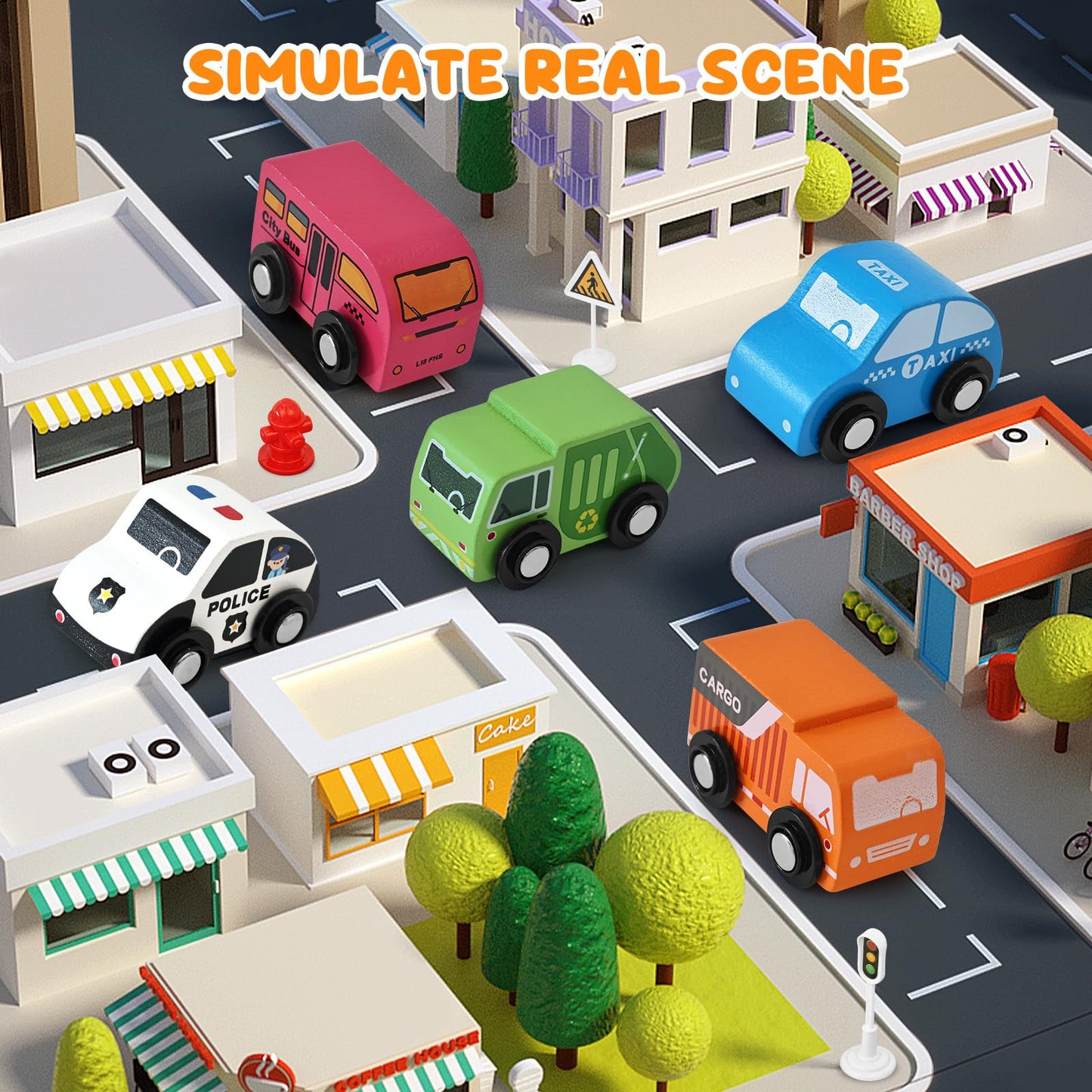 Vinkp Toddler Car Toys – 22pc Wooden Vehicles Set with Playmat & Storage Box
