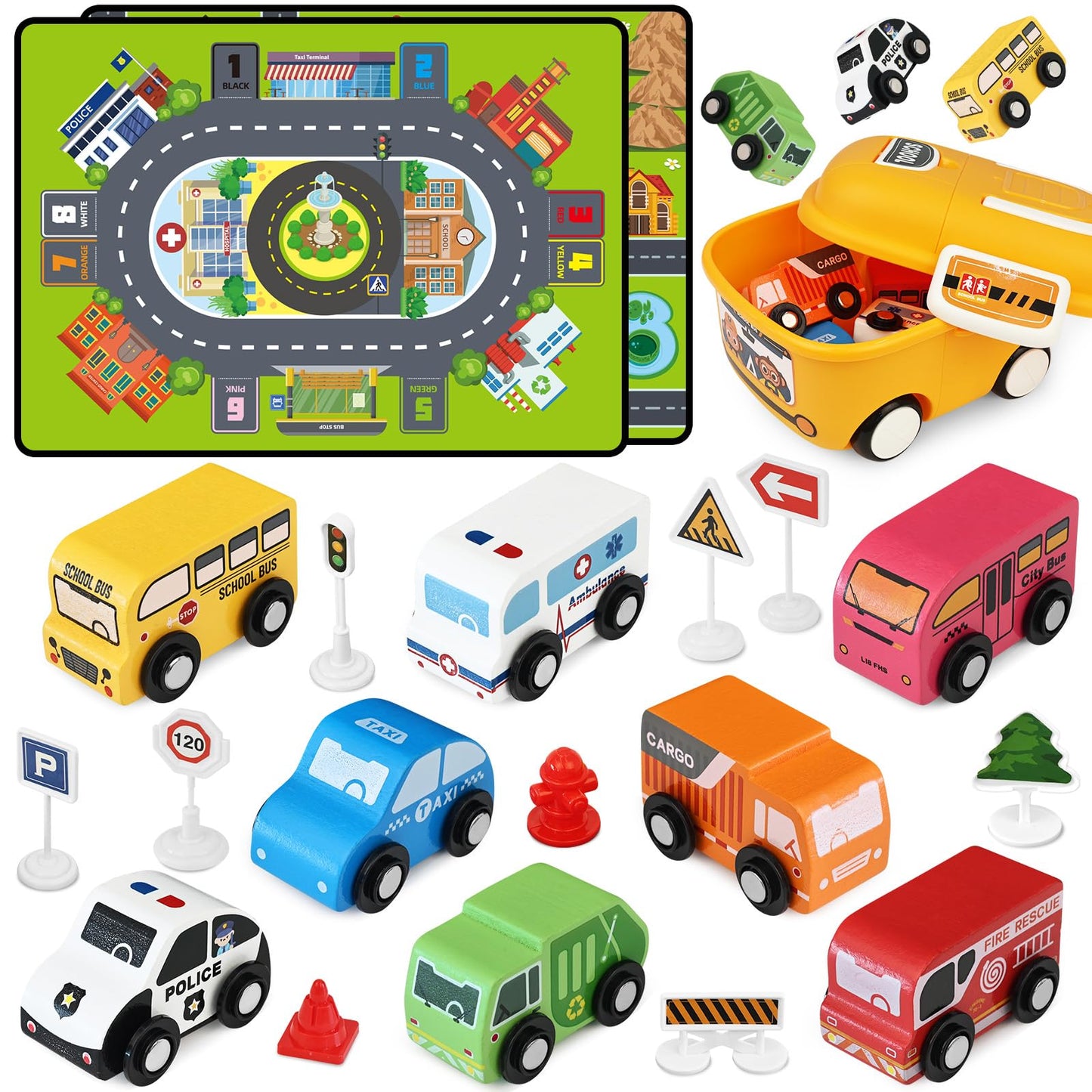 Vinkp Toddler Car Toys – 22pc Wooden Vehicles Set with Playmat & Storage Box