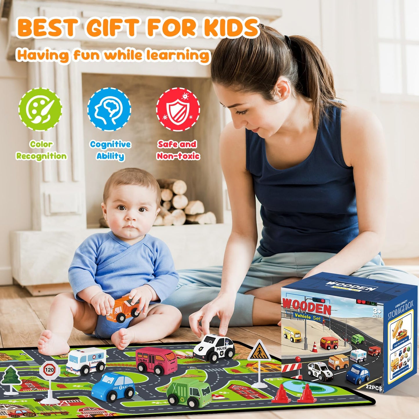 Vinkp Toddler Car Toys – 22pc Wooden Vehicles Set with Playmat & Storage Box