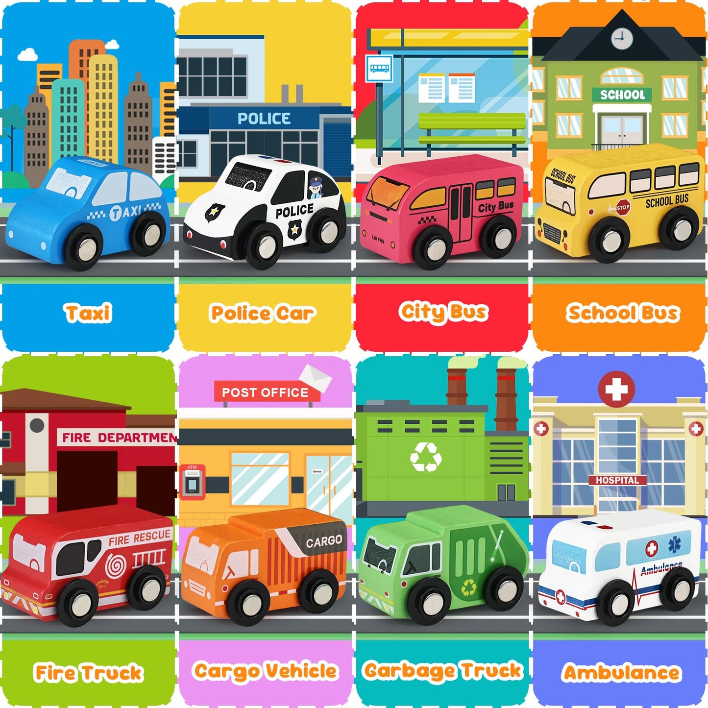 Vinkp Toddler Car Toys – 22pc Wooden Vehicles Set with Playmat & Storage Box