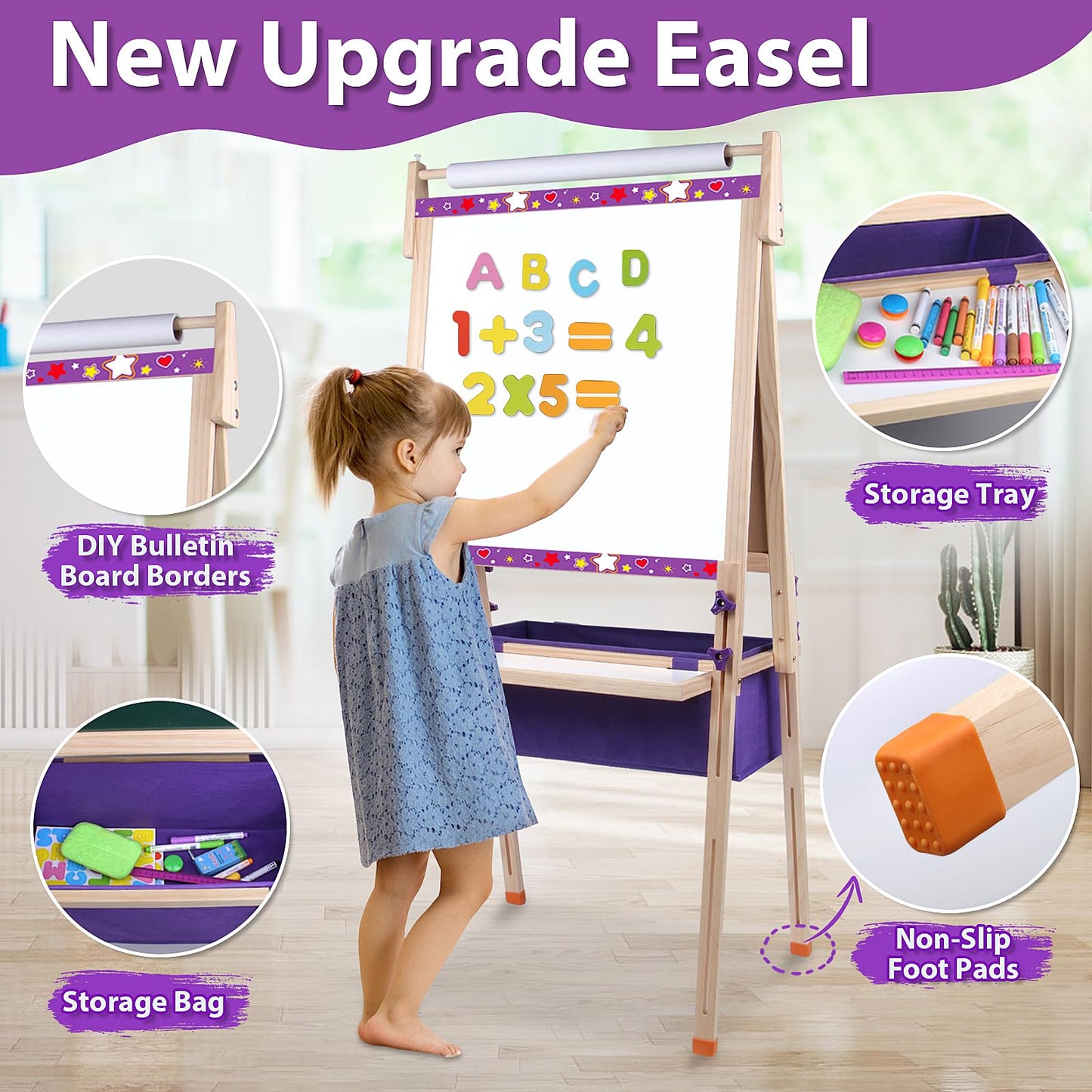 Vinlon Art Easel for Kids – 3-in-1 Whiteboard & Chalkboard, Adjustable Height