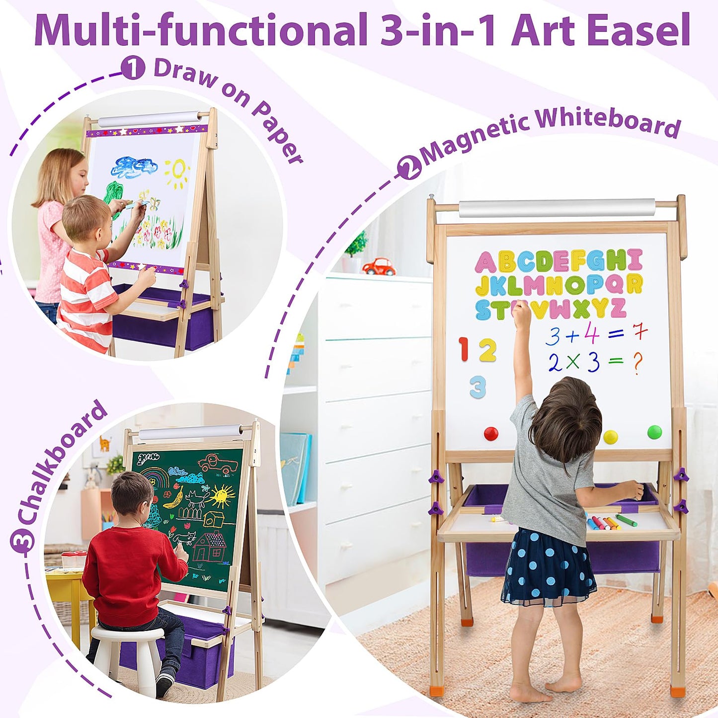 Vinlon Art Easel for Kids – 3-in-1 Whiteboard & Chalkboard, Adjustable Height