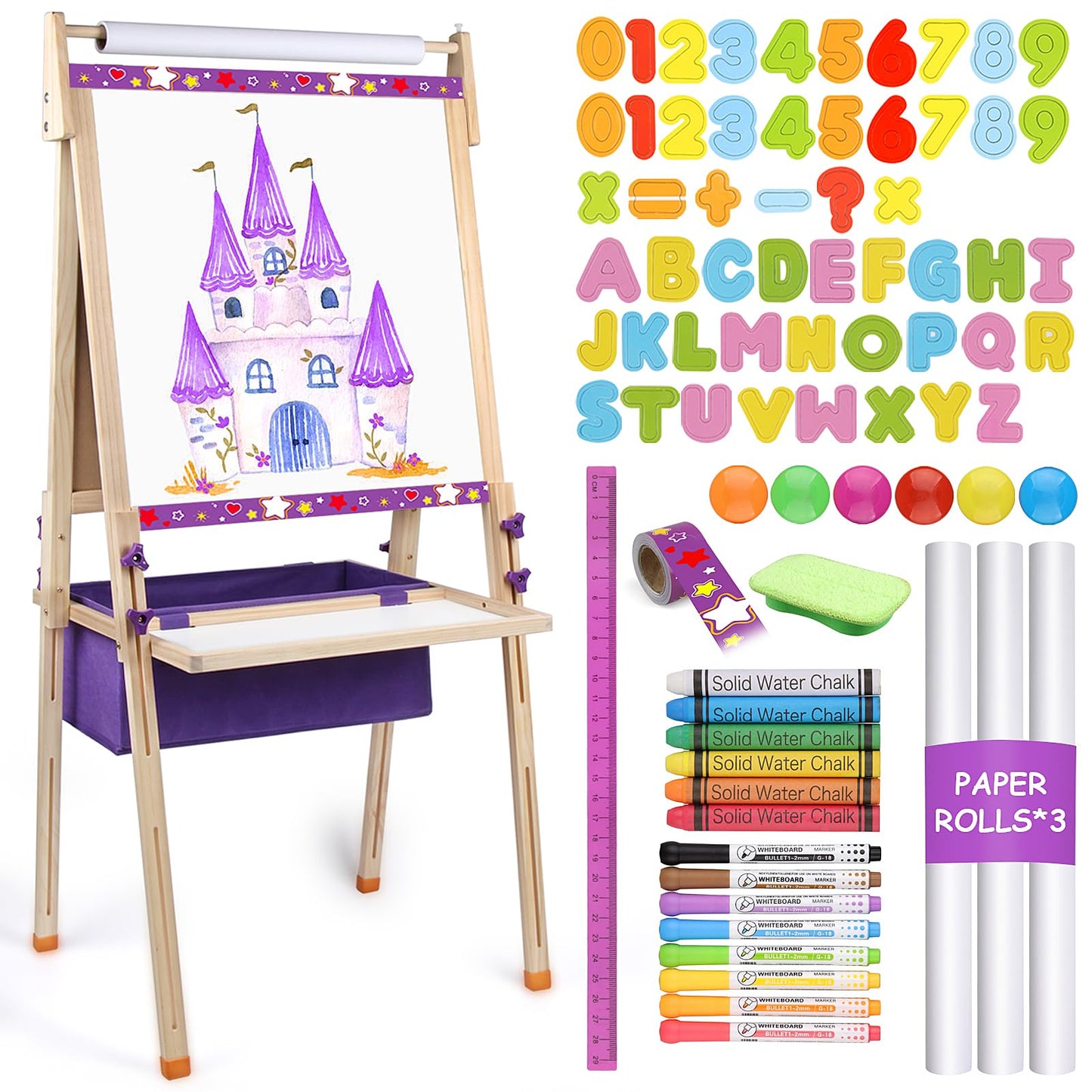 Vinlon Art Easel for Kids – 3-in-1 Whiteboard & Chalkboard, Adjustable Height