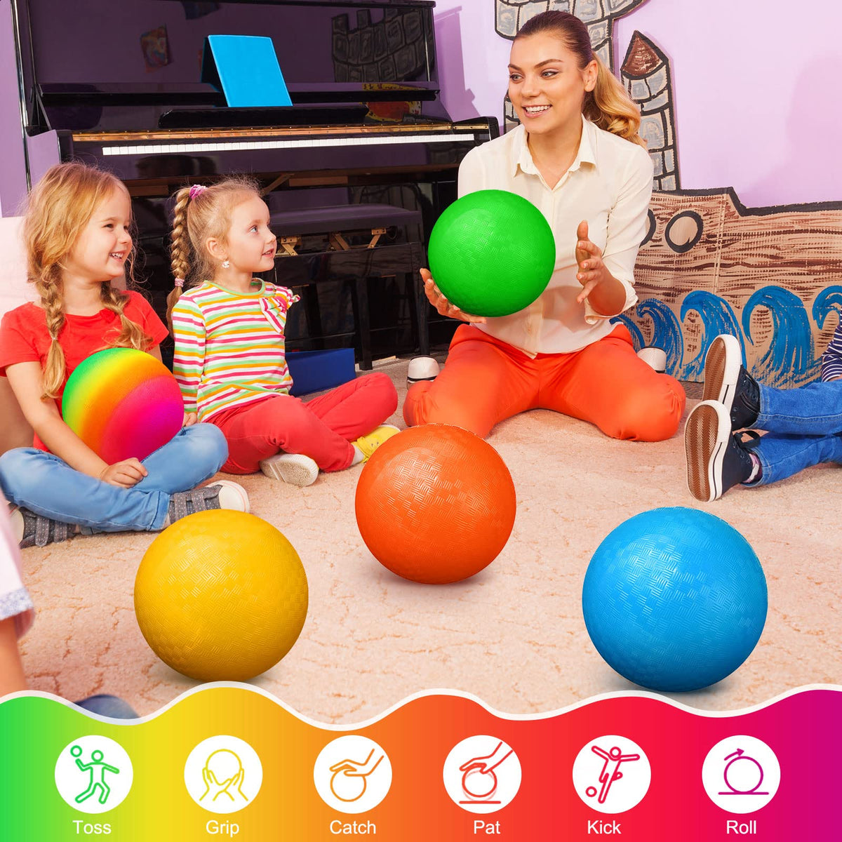 Vinsot 12 Pack 8.5 Inch Playground Balls with Pump – Bulk Bouncy Balls for Kids, Indoor & Outdoor (Mixed Color)