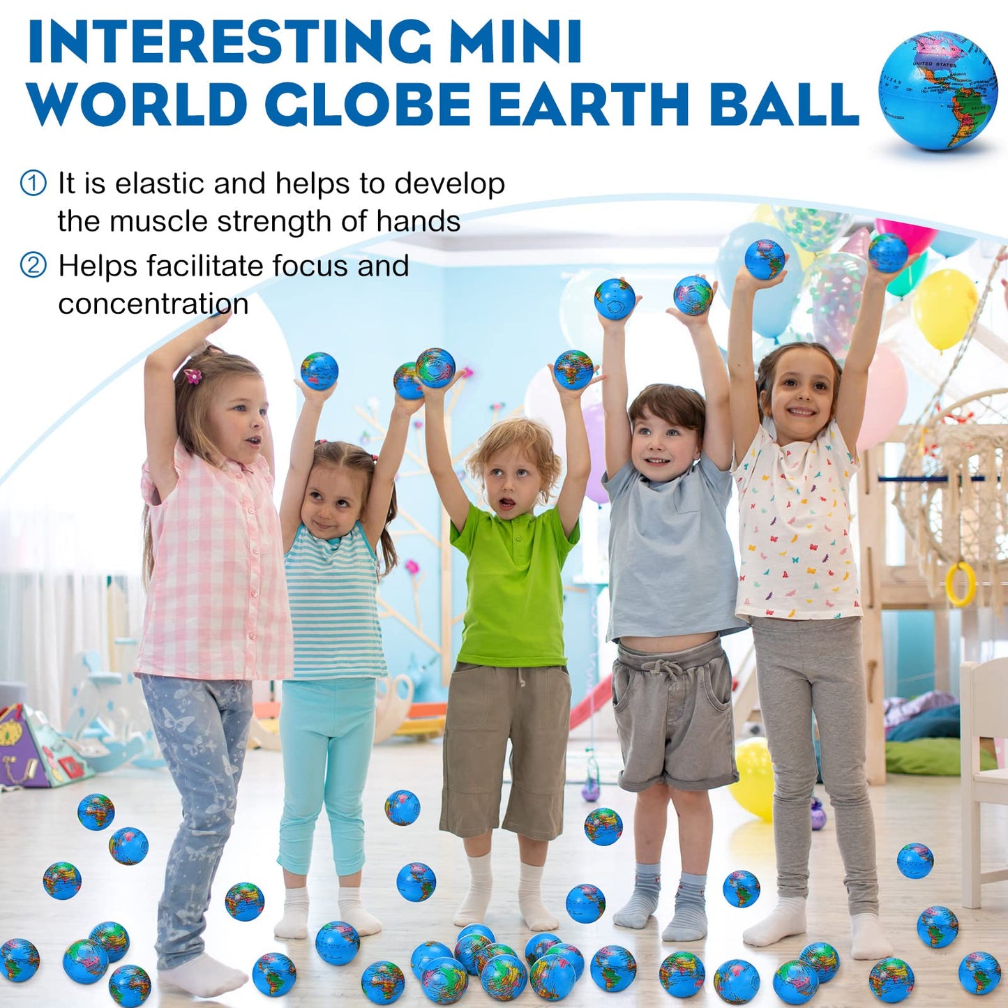 Vinsot 60 Pack Globe Squeeze Balls – 2.5-Inch Mini Earth Stress Balls for Finger Exercise, Classroom & Office