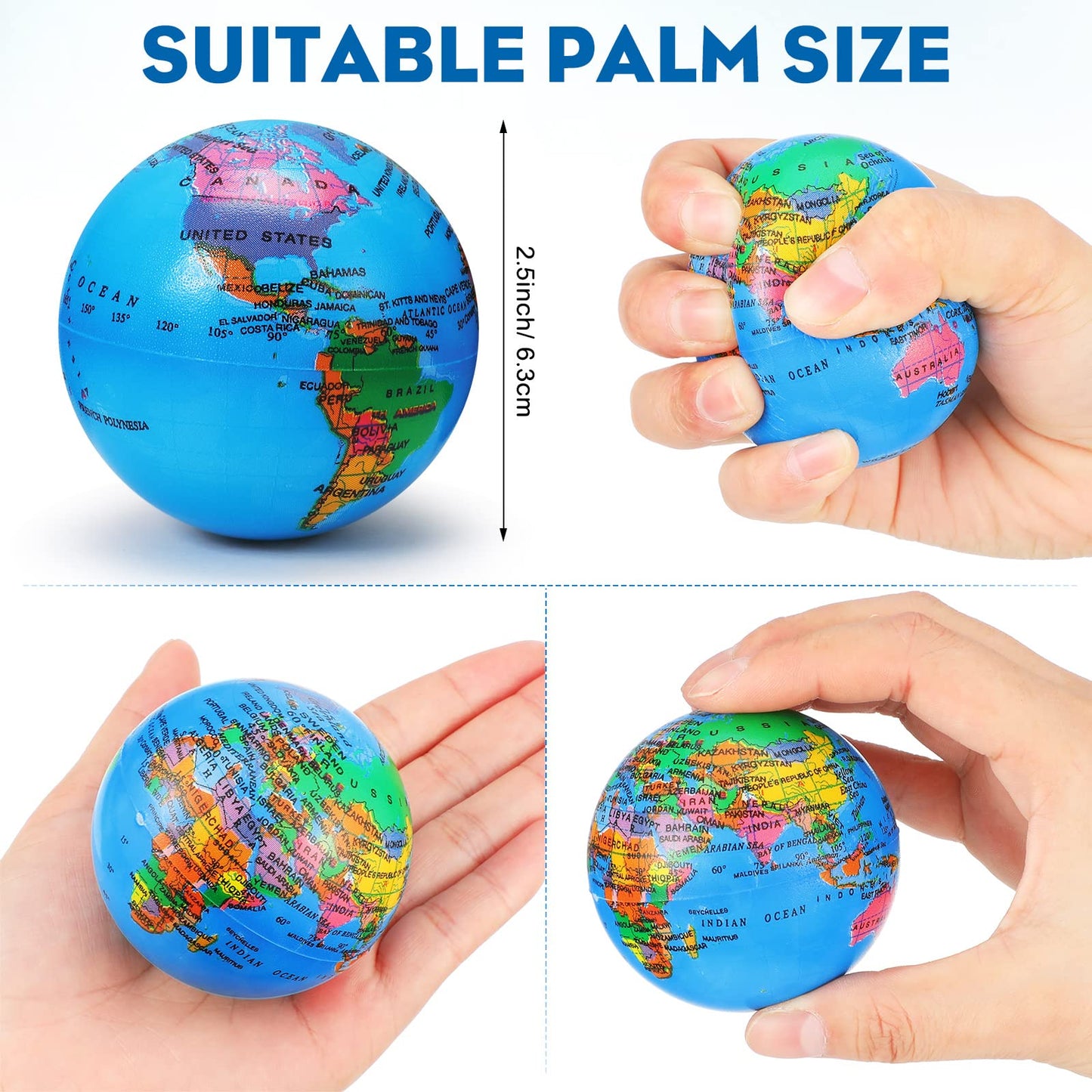 Vinsot 60 Pack Globe Squeeze Balls – 2.5-Inch Mini Earth Stress Balls for Finger Exercise, Classroom & Office