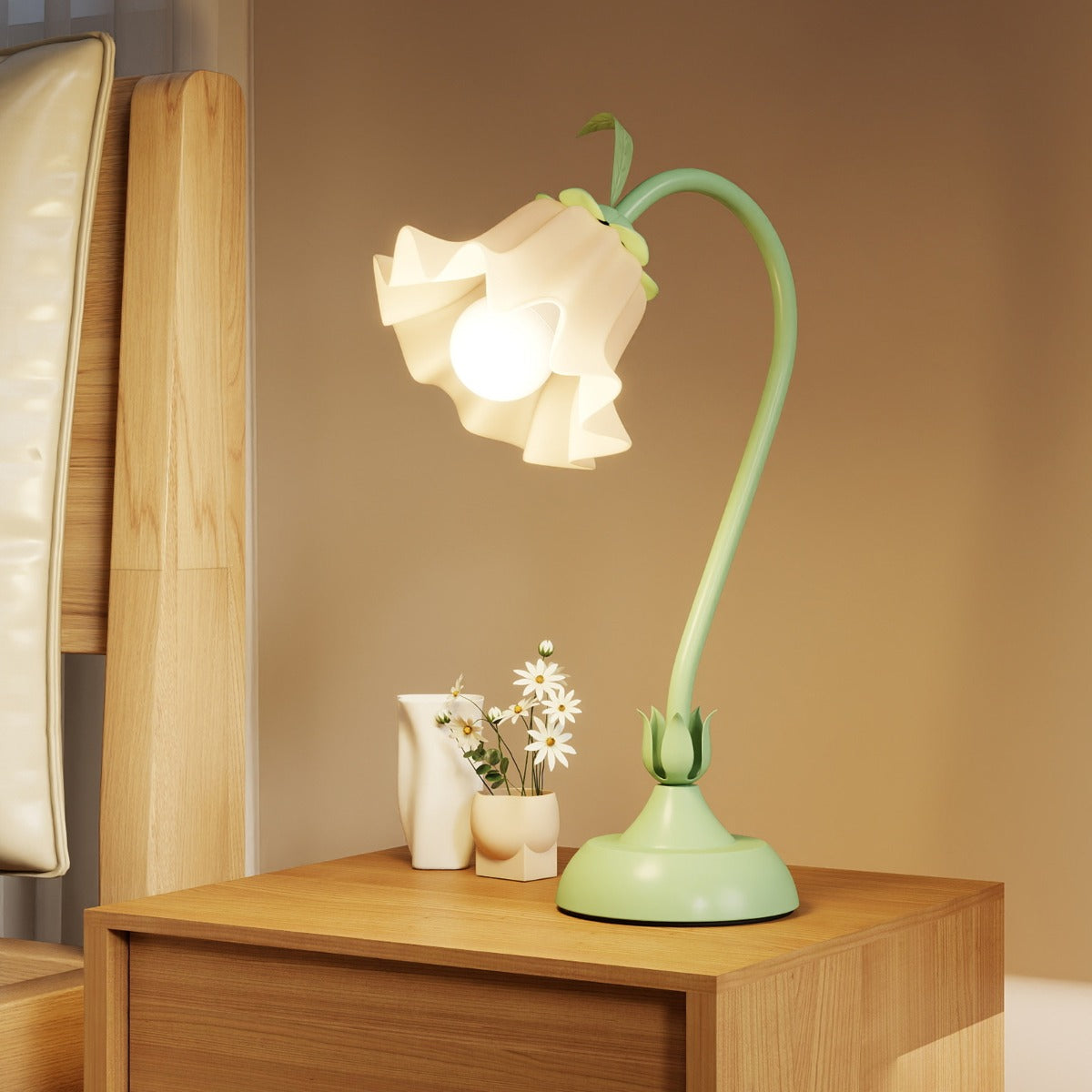 Vintage Nightstand Lamp with Lily of the Valley Acrylic Lampshade-Green